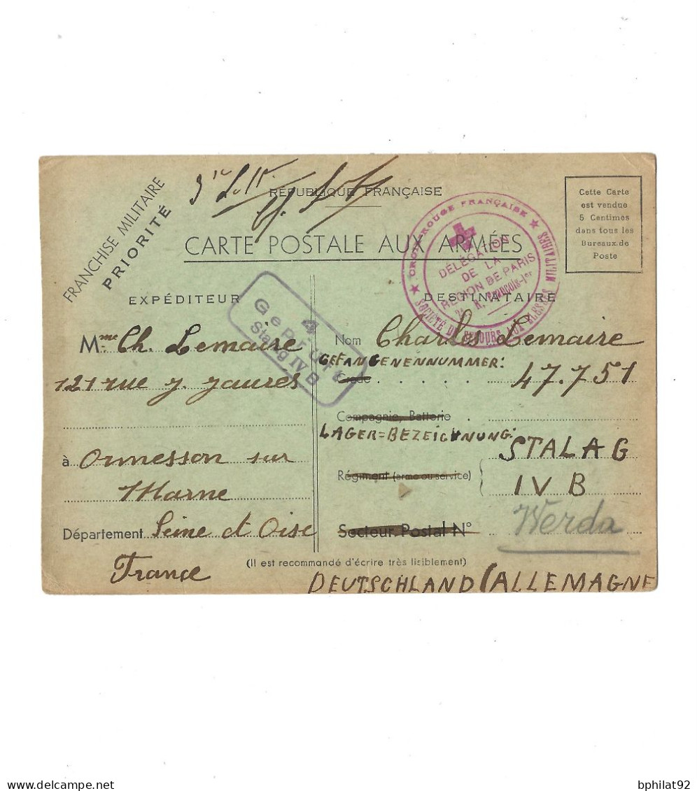 !!! FRANCE, POSTE MILITAIRE POUR L'ALLEMAGNE AVEC FRANCHISE POUR PRISONNIER AU STALAG 1940, CACHET CROIX ROUGE - Rode Kruis