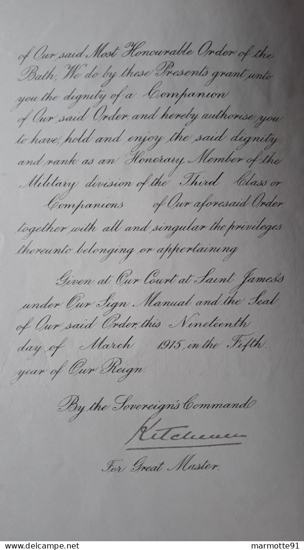 DECORATION ETRANGERE COMPAGNON ORDRE DU BAIN POUR GENERAL LESTOQUOI 1915 MEDAILLE  GEORGES V  KITCHENER - Grossbritannien