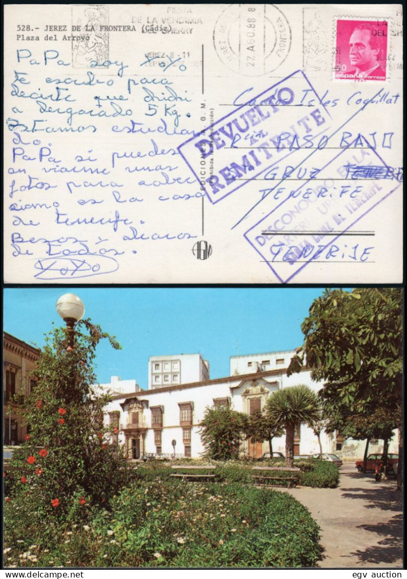 Cádiz - Edi O TP 2878 - Postal Mat Rodillo "Jerez 22/Ag./88 - Fiesta De La Vendimia" + 2 Marcas "Devuelto Al Remitente" - Briefe U. Dokumente