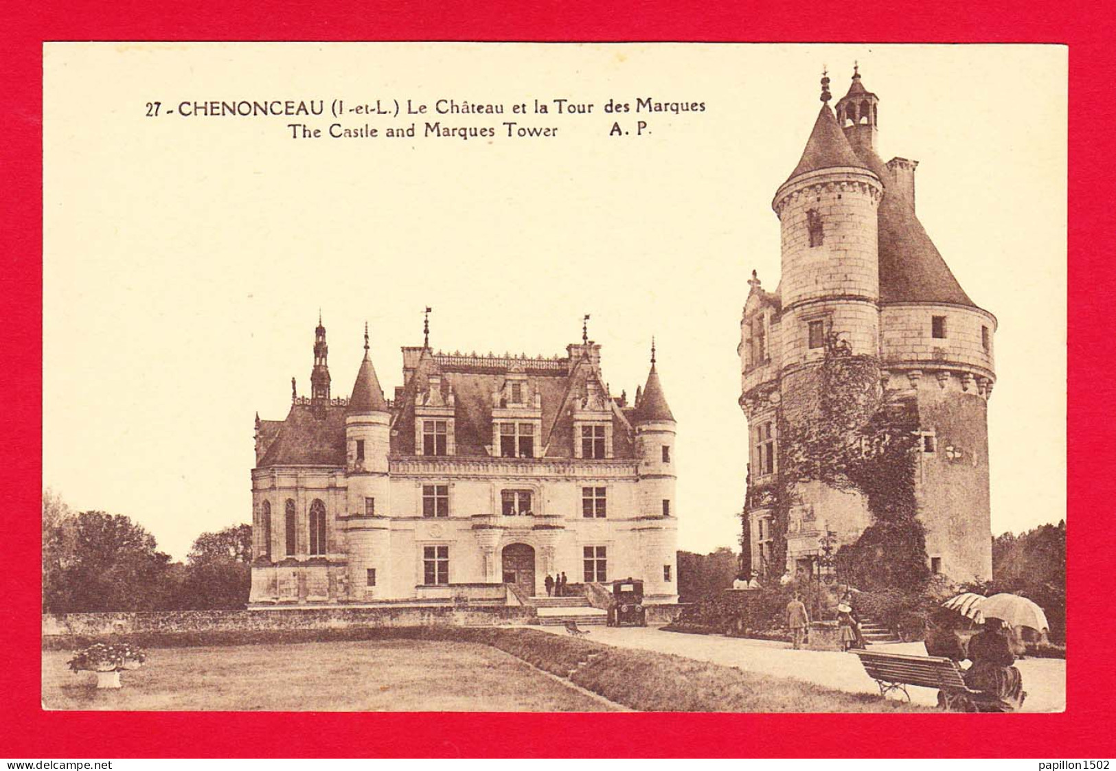 F-37-Chenonceaux-10PH24 Le Château Et La Tour Des Marques, Petite Animation, Très Vieille Voiture, Cpa BE - Chenonceaux