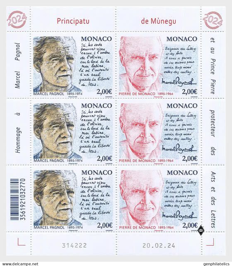 MONACO 2024 PEOPLE Famous Persons. Tribute To Marcel Pagnol And Prince Pierre Of Monaco - Fine Sheet MNH - Ongebruikt