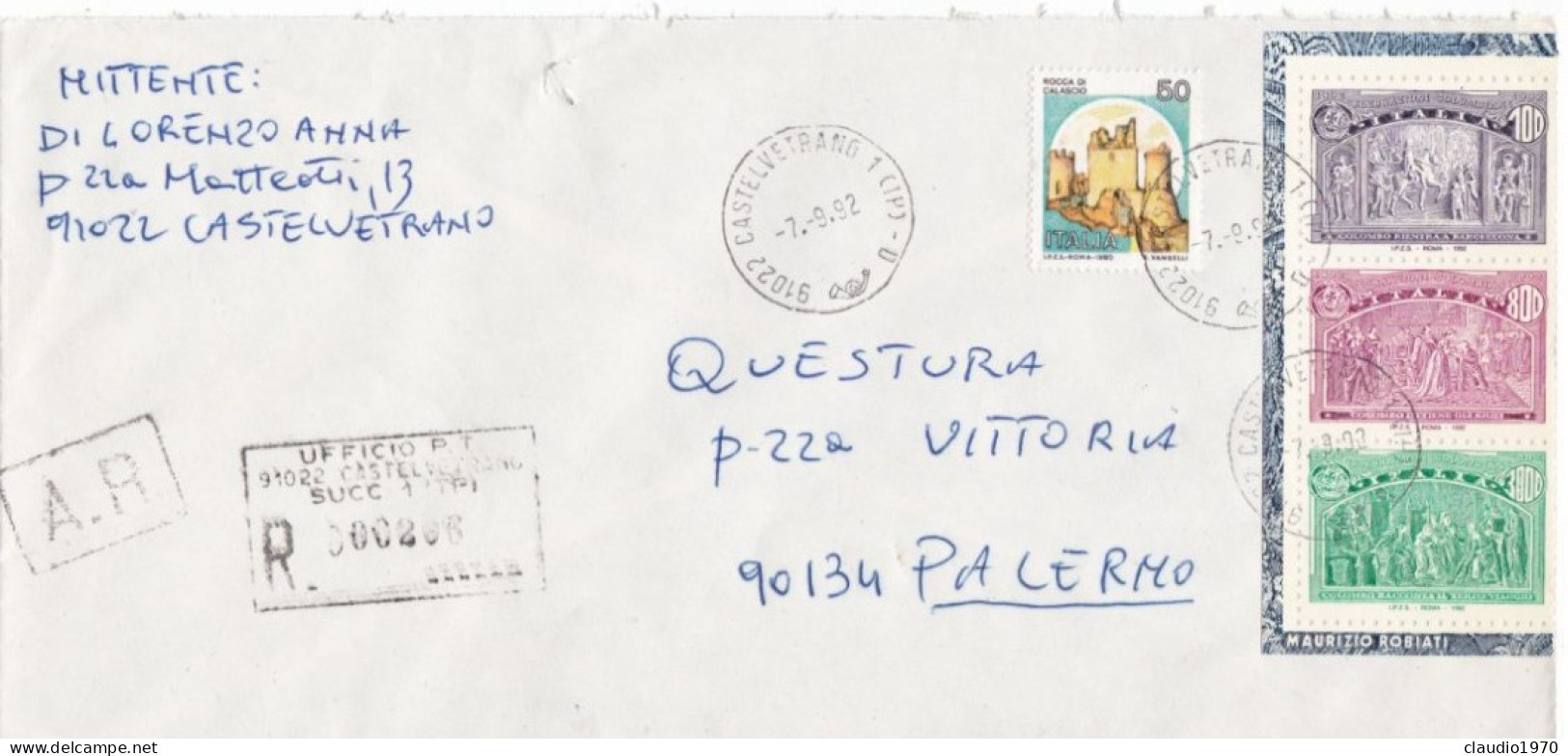 ITALIA  - REPUBBLICA - CASTELVETRANO ( TP) - BUSTA - VIAGGIATA PER PALERMO X QUESTURA - 1992 - 1991-00: Poststempel