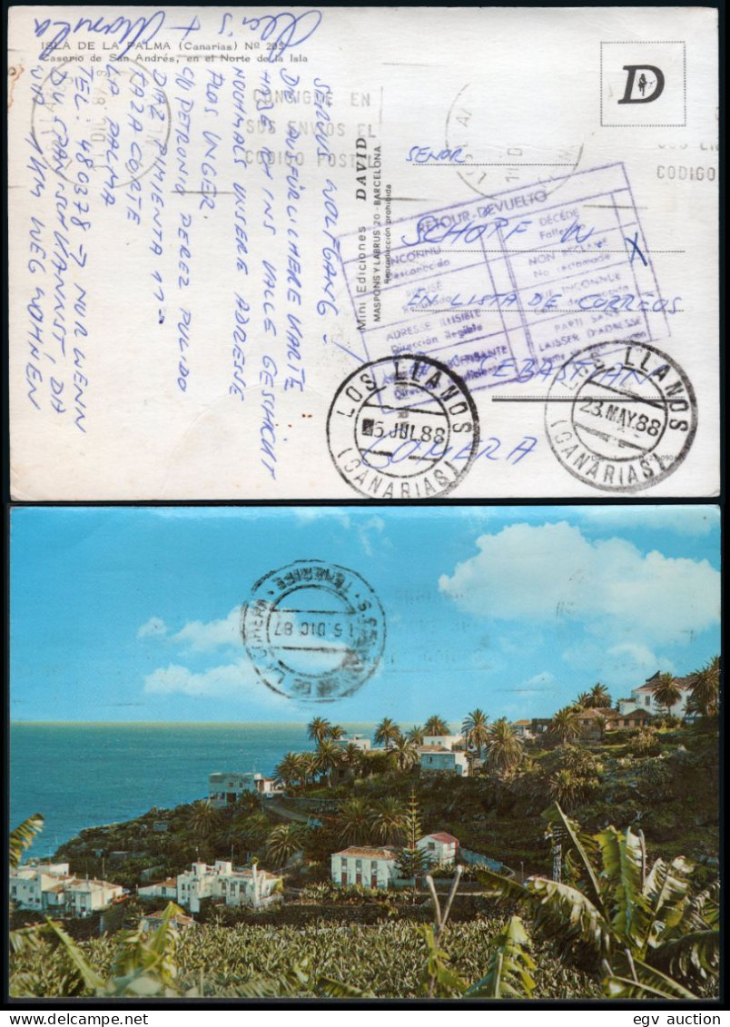 Canarias - O TP - Postal Sin Sellos Mat Rodillo "Los Llanos" + Mat Los Llanos 23/05/88" + Marca "Devuelto - Non Reclame" - Lettres & Documents