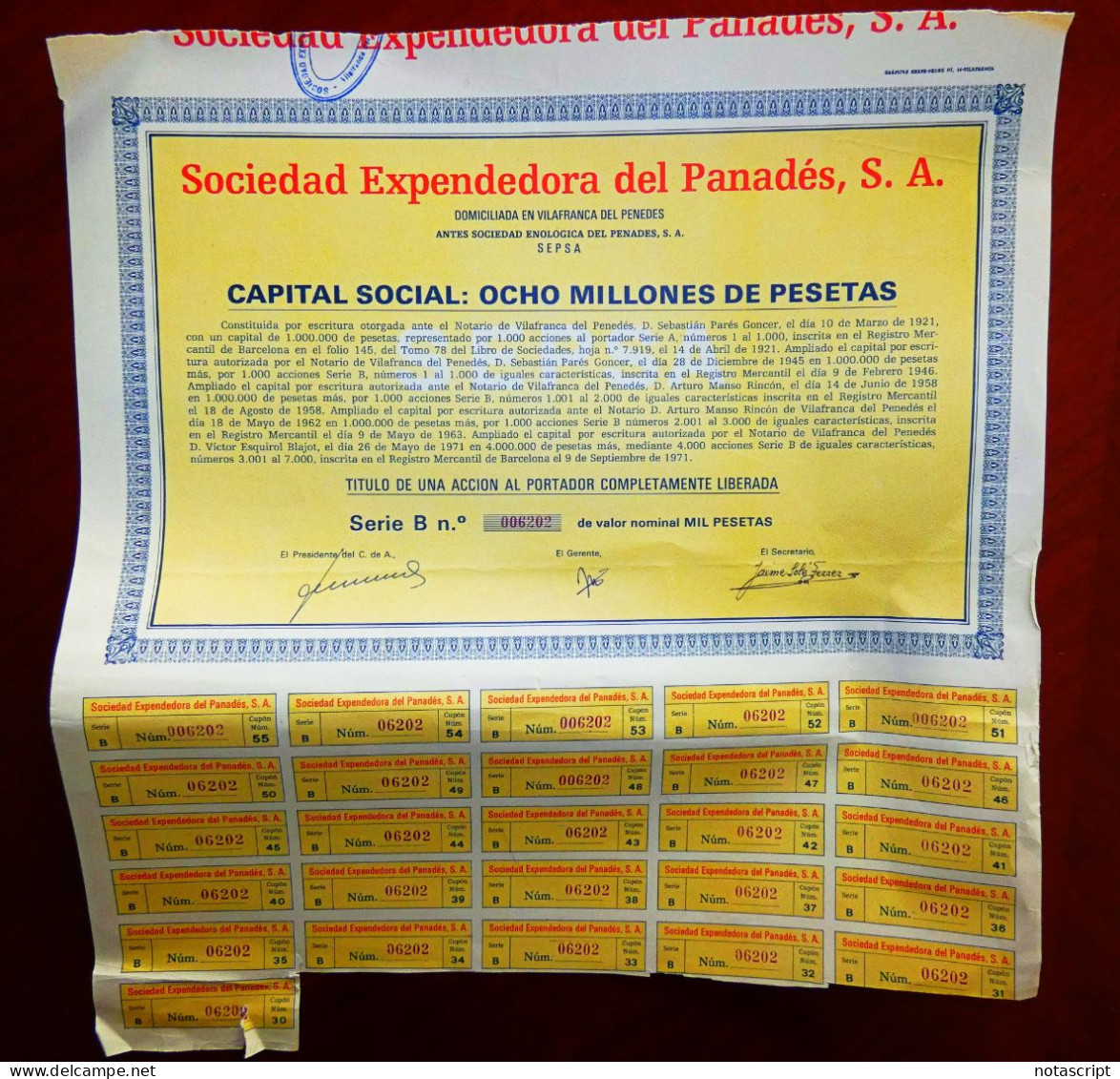 Sociedad Expendedora Del Panadés , Vilafranca Del Penedes,(Barcelona,Spain) 1971 Share Certificate - Andere & Zonder Classificatie