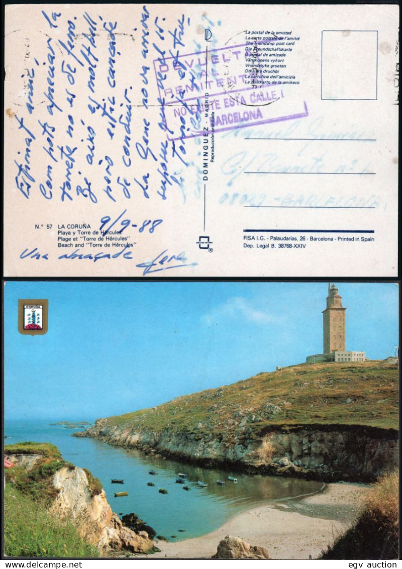 Coruña - O TP - Postal Sin Sellos De Coruña + Marca "Devuelto Al Remitente - No Existe Esta Calle En Barcelona" - Briefe U. Dokumente