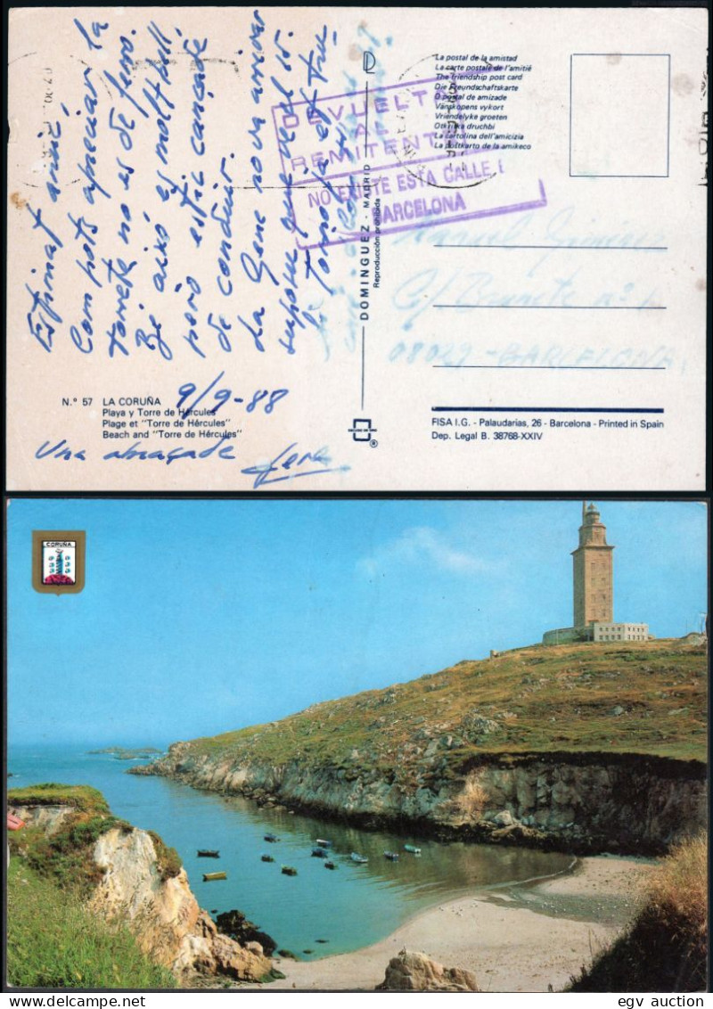 Coruña - O TP - Postal Sin Sellos De Coruña + Marca "Devuelto Al Remitente - No Existe Esta Calle En Barcelona" - Brieven En Documenten