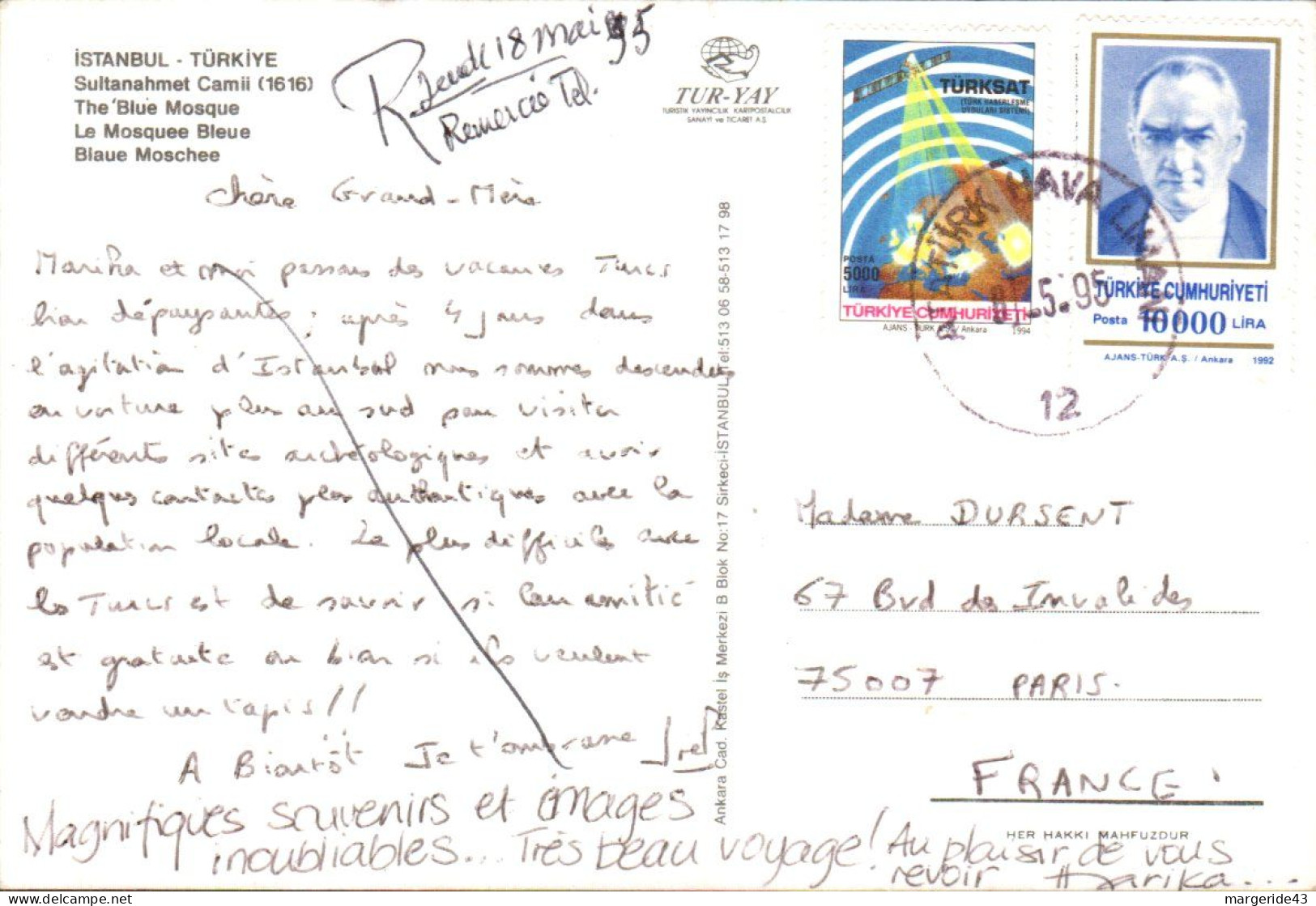 TURQUIE AFFRANCHISSEMENT COMPOSE SUR CARTE POUR LA FRANCE 1990 - Briefe U. Dokumente