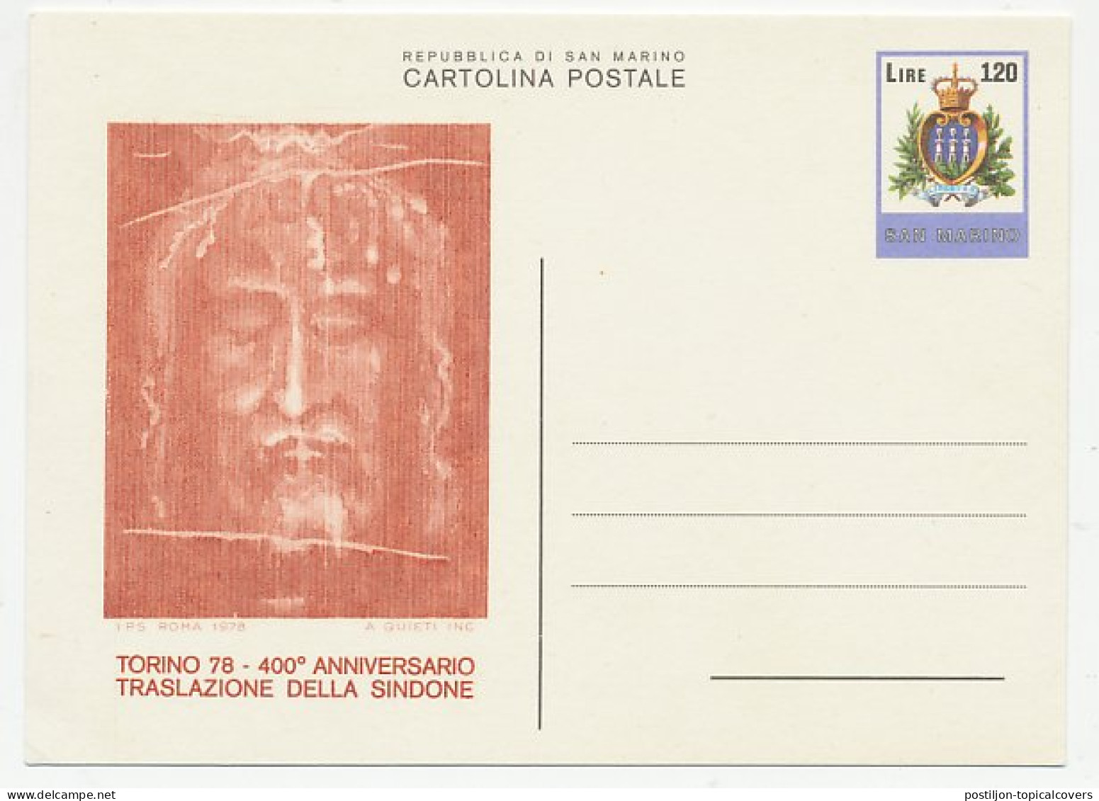 Postal Stationery San Marino 1978 Shroud Of Turin - Sonstige & Ohne Zuordnung