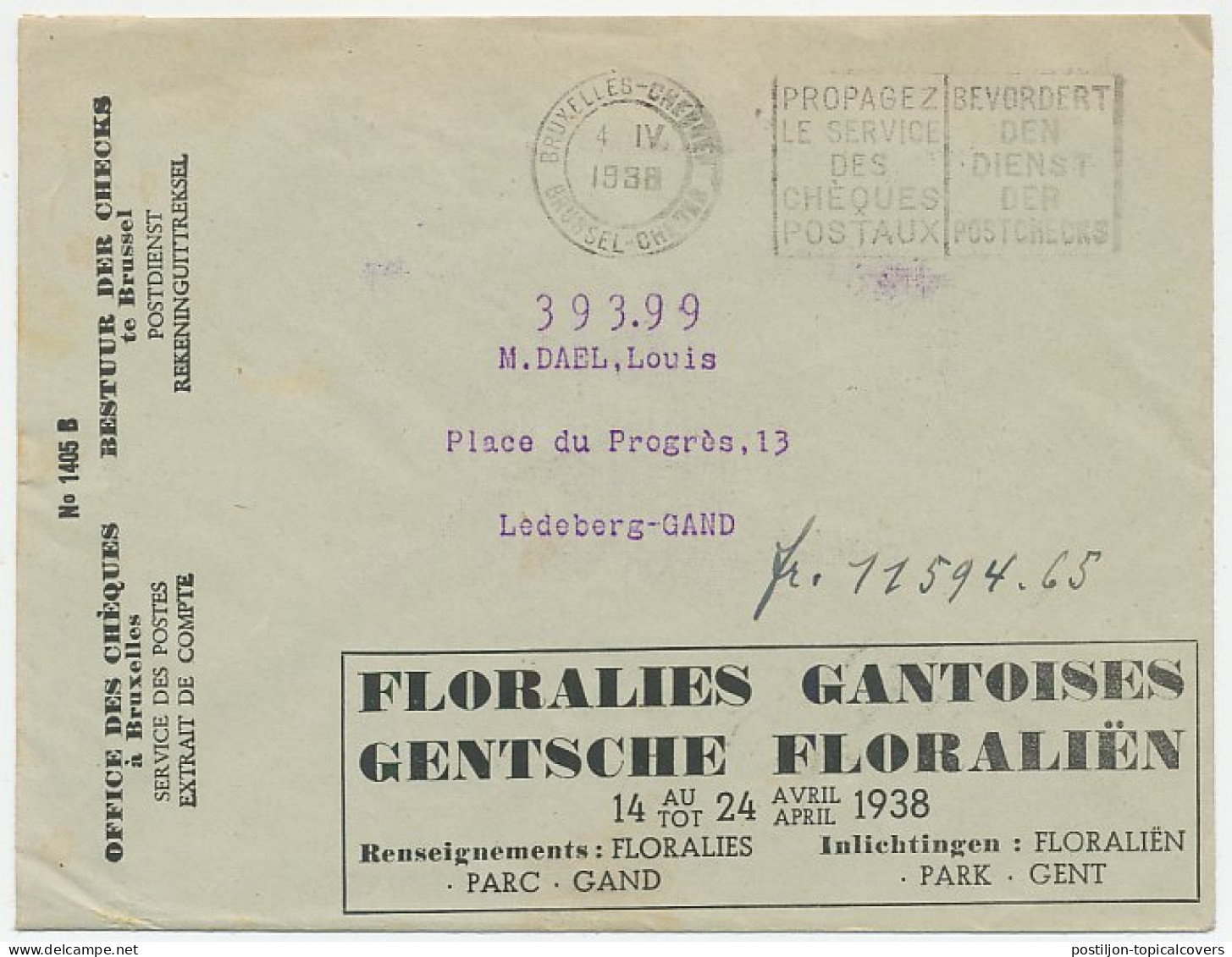Postal Cheque Cover Belgium 1938 Flower Exhibition - Ghent Flower Show - Arbres