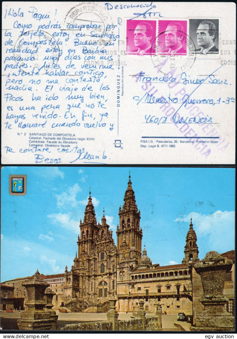 Pontevedra - Edi O TP 2795(2)+.. - Mat Rodillo "Bayona 19/08/88" A Valencia + Marca "A Su Procedencia" - Cartas & Documentos