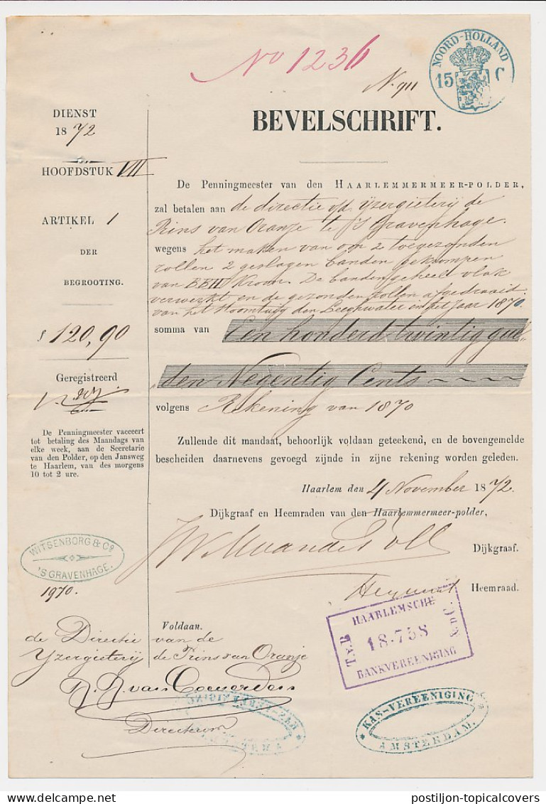 Fiscaal Stempel - Bevelschrift Haarlemmermeer Polder 1872 - Steuermarken