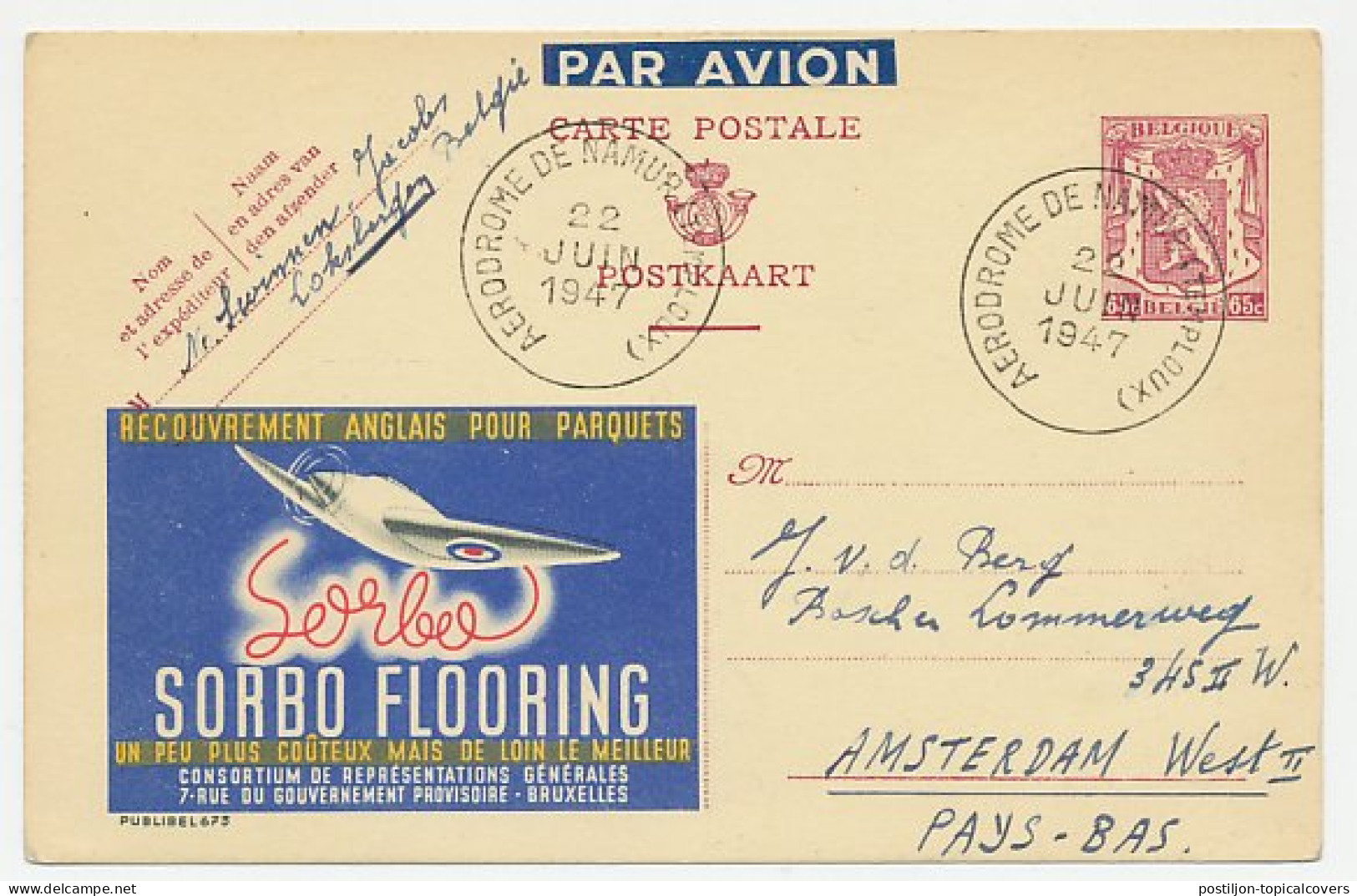 Publibel - Postal Stationery Belgium 1947 Airplane - Sky Writing - Sorbo Flooring - Aviones