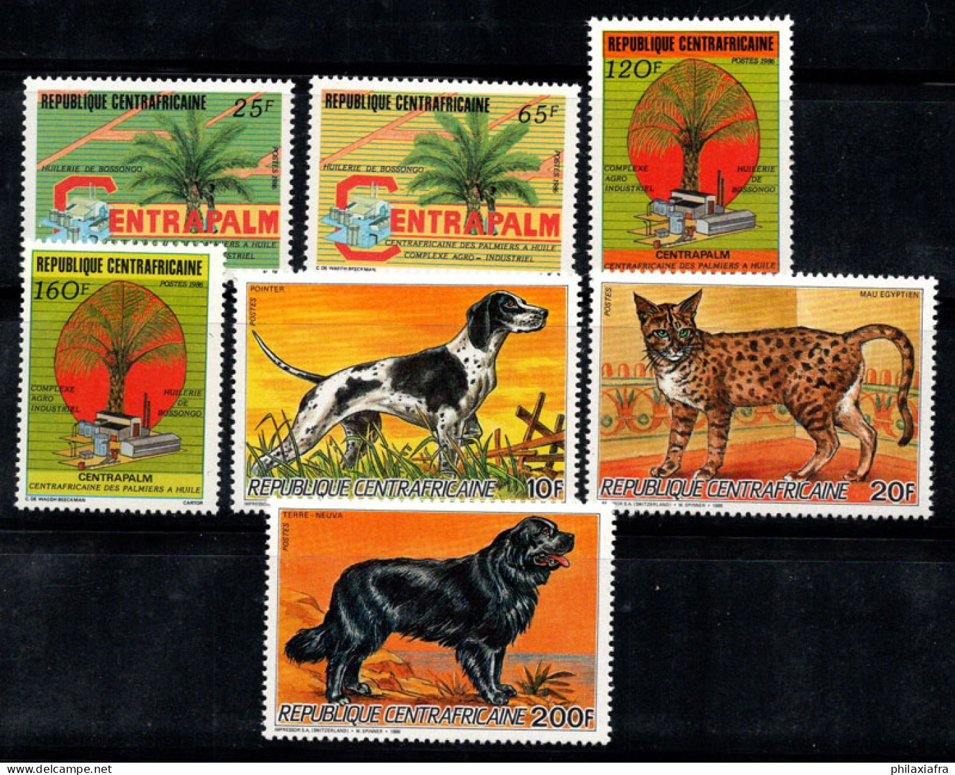 République Centrafricaine 1986 Mi. 1223-1229 Neuf ** 100% Palmier, Chien, Chats - Central African Republic