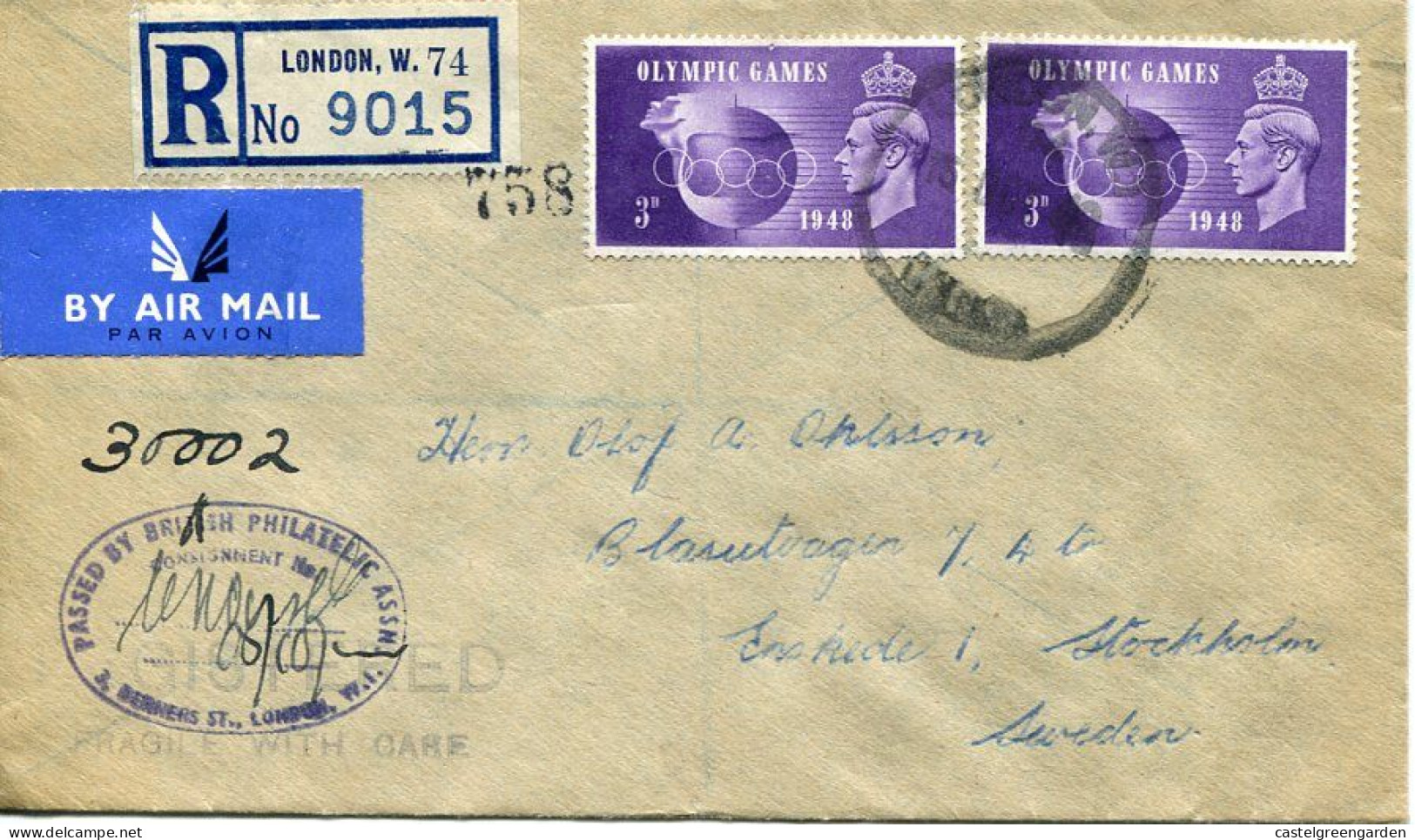 X0067 England, Circuled Registered Cover To Sweden With 2 Stamps 3d Olympic Games Of London - Summer 1948: London