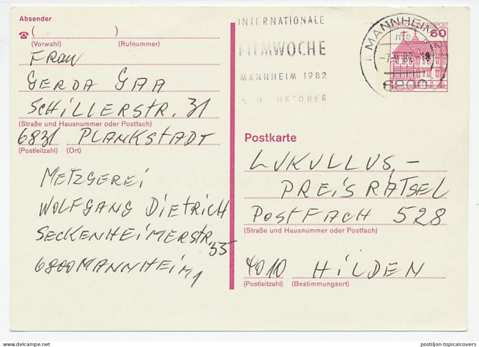 Postcard / Postmark Germany 1982 International Film Week - Kino