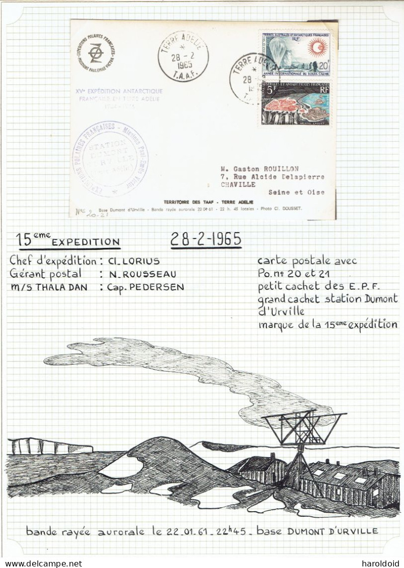 15e Expé Terre Adélie - CP Petit Cachet Des EPF Et Grand Cachet Dumont D'Urville 28/2/1965 - Covers & Documents