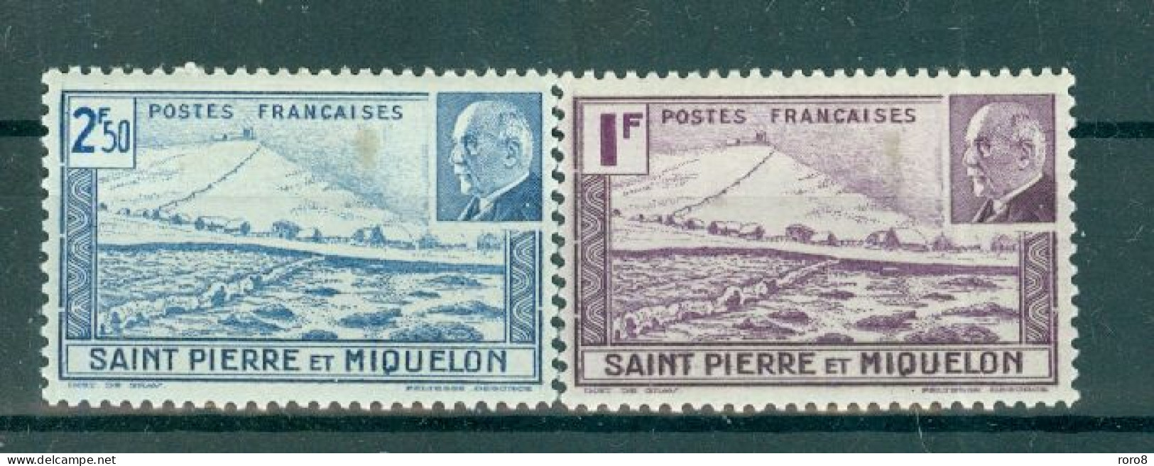 ST-PIERRE-ET-MIQUELON - N°210* Et 211* MH Trace De Charnière SCAN DU VERSO. Falaise,phare Et Maréchal Pétain. - Unused Stamps