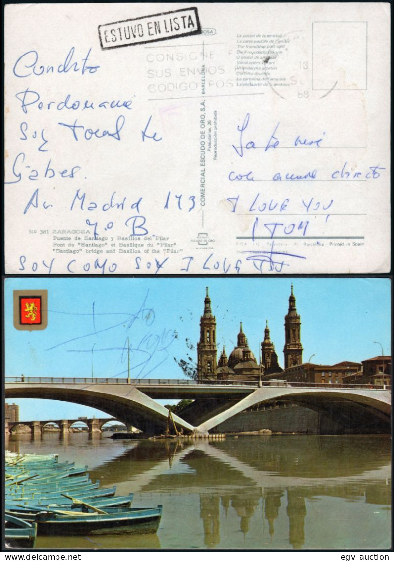 Zaragoza - O TP - Postal Sin Sellos (a Ningún Sitio) Mat Rodillo "Zaragoza 13/Sep./88" + Marca "Estuvo En Lista" - Covers & Documents