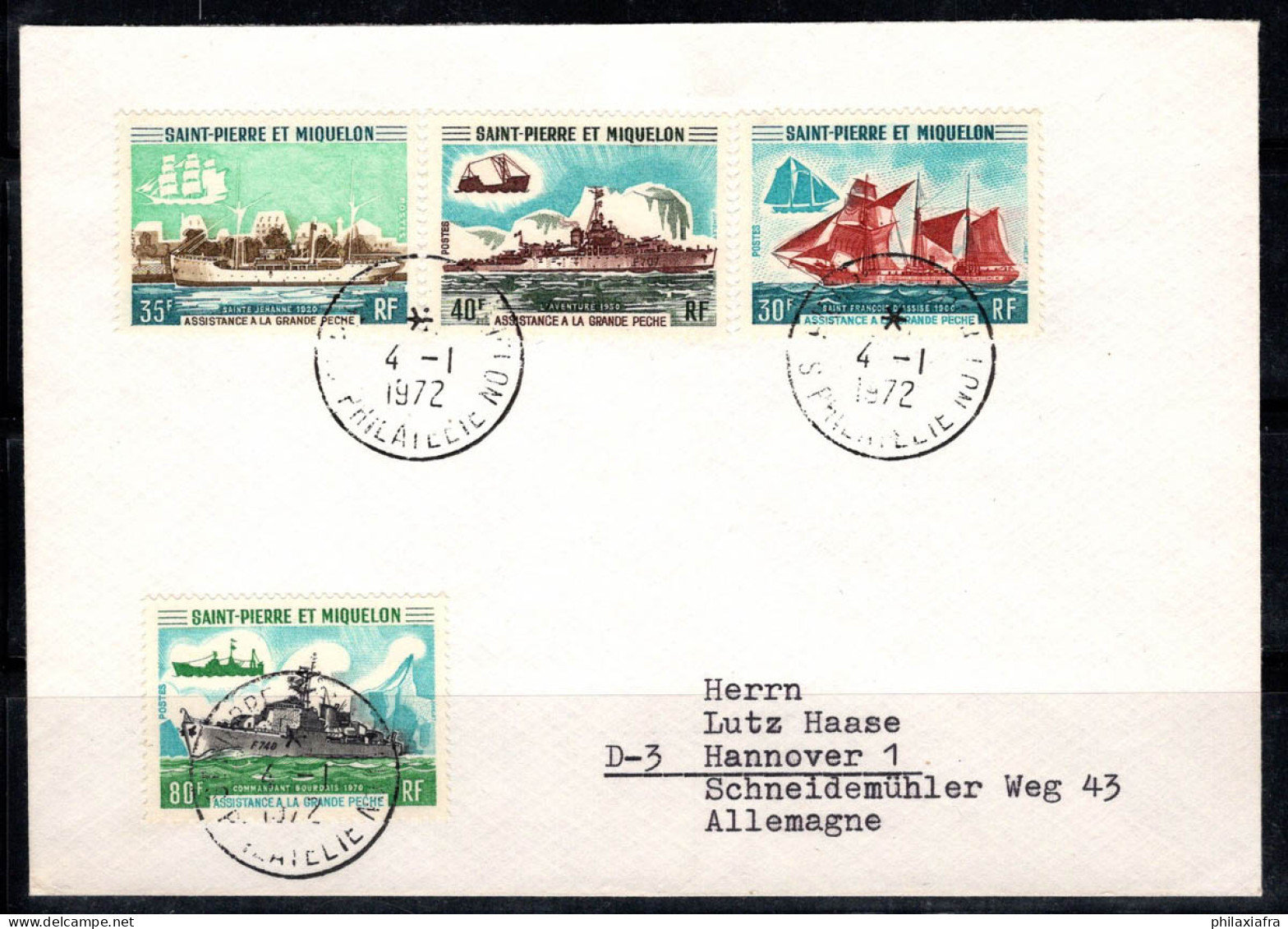 Saint-Pierre-et-Miquelon 1948 Yv. 410-413 Enveloppe 100% Oblitéré Navires, Hanovre - Brieven En Documenten