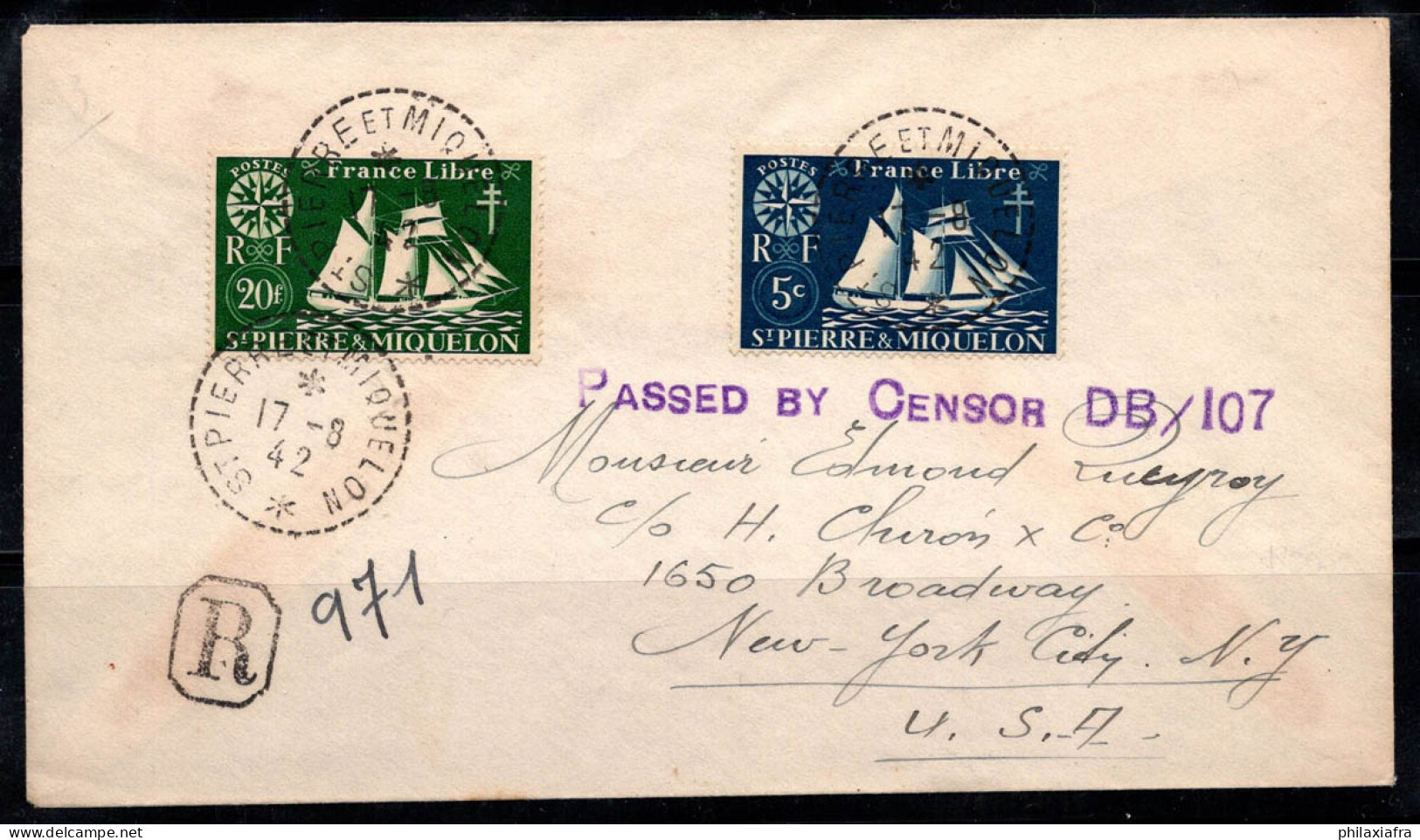 Saint-Pierre-et-Miquelon 1942 Enveloppe 100% Censure Recommandée Rare, Regy, New York, Boston - Storia Postale