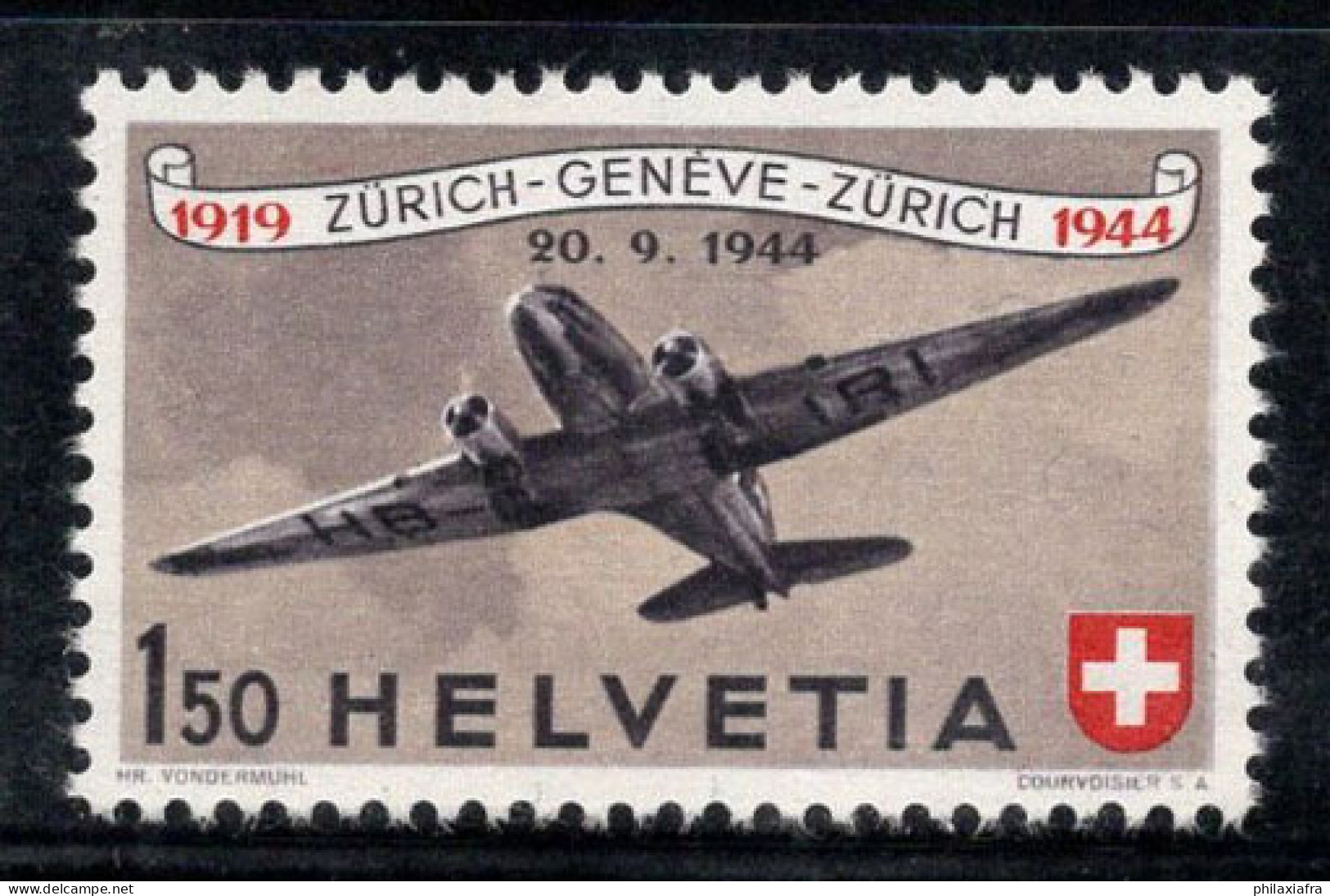 Suisse 1944 Mi. 438 Neuf ** 100% Poste Aérienne 1.50 Fr, Avion - Ungebraucht