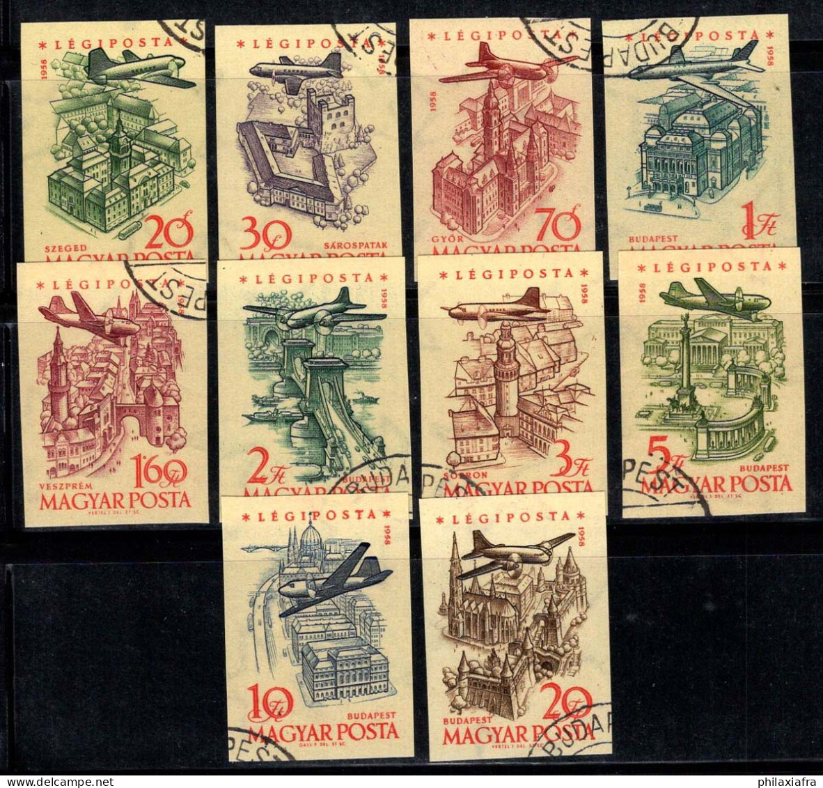 Hongrie 1958 Mi. 1561-70 B Oblitéré 100% Poste Aérienne Avion Au-dessus Des Villes - Used Stamps