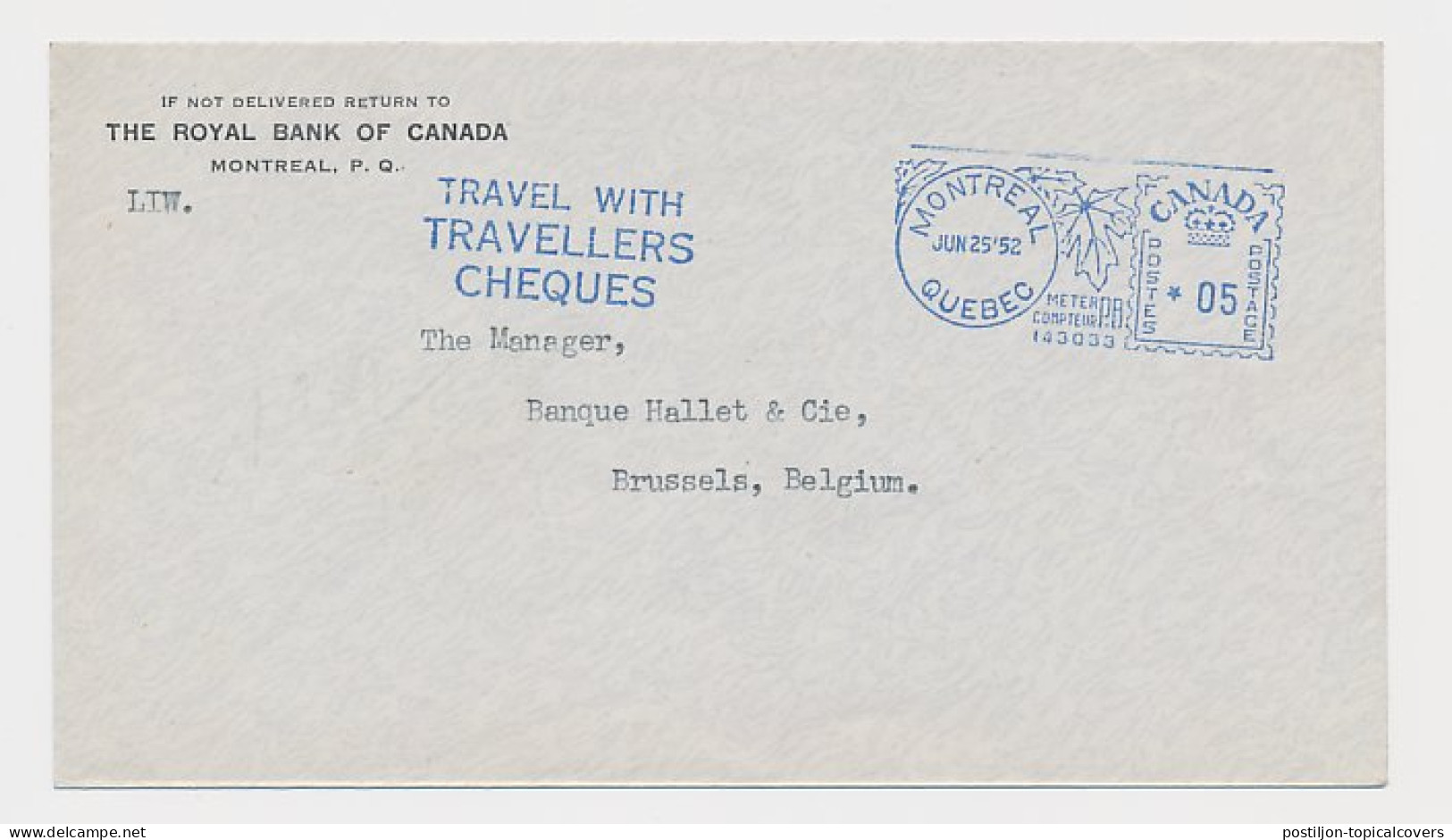 Meter Cover Canada 1952 Travellers Cheques - Royal Bank Of Canada - Ohne Zuordnung