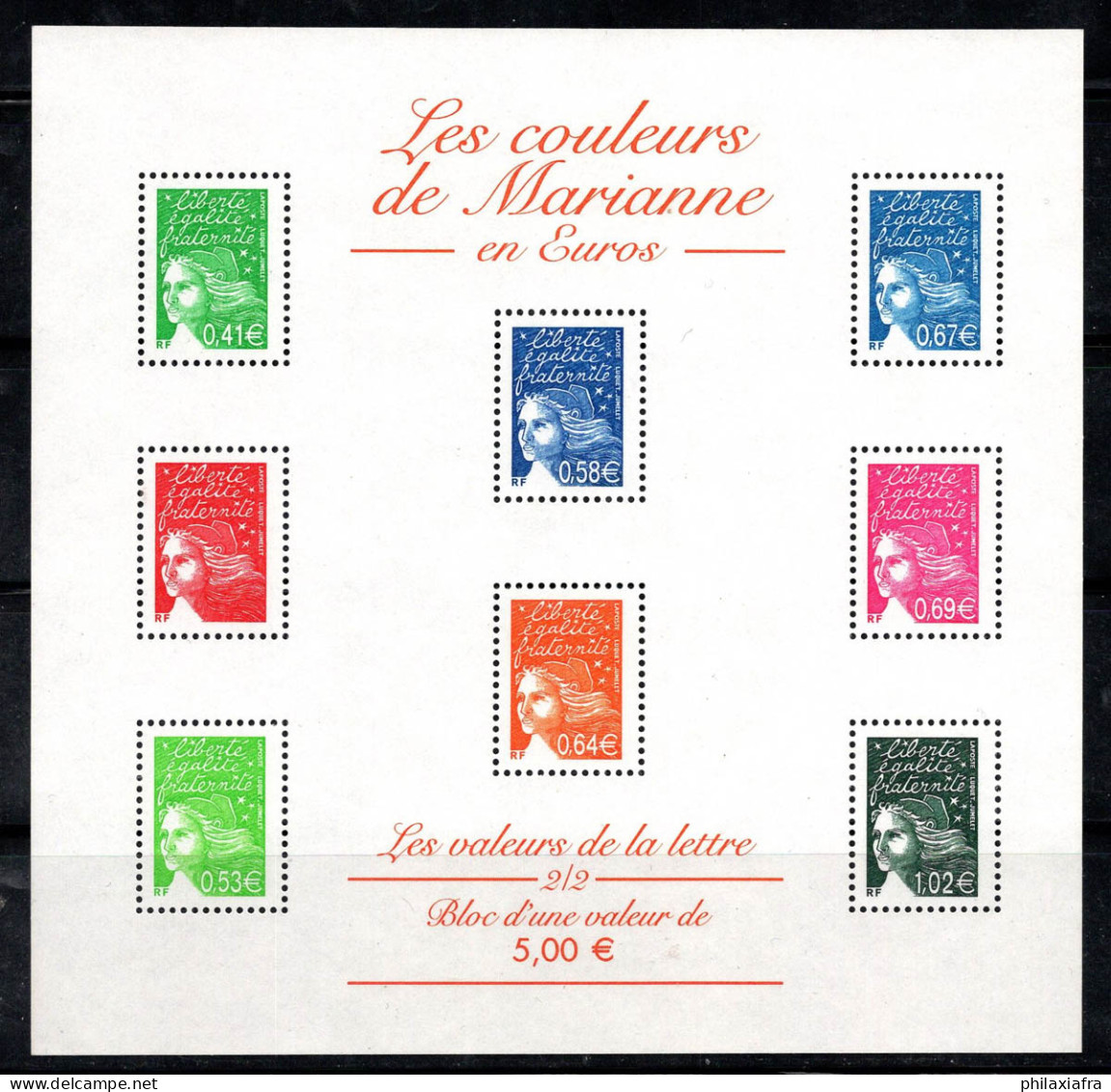 France 2002 Yv. Bl.45 Bloc Feuillet 100% Neuf ** Les Couleurs De Marianne En Euros - Blocchi & Libretti