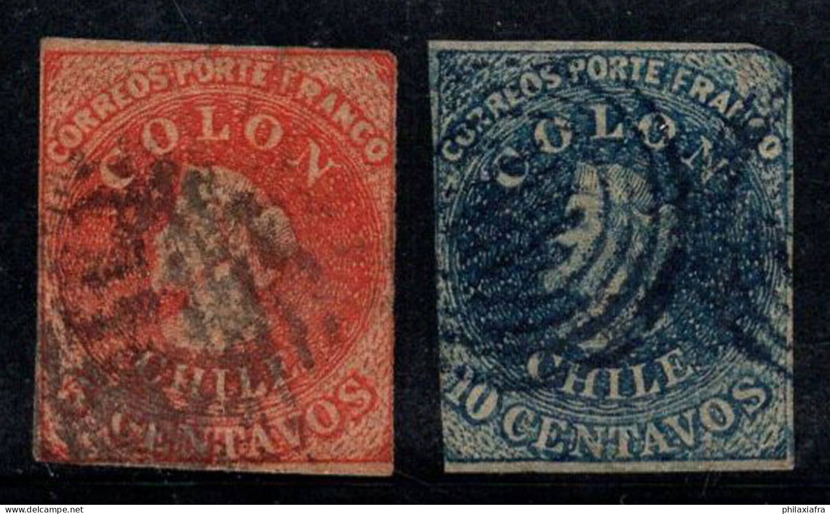 Chili 1853-66 Oblitéré 40% Christophe Colomb, 5 C, 10 C - Chili