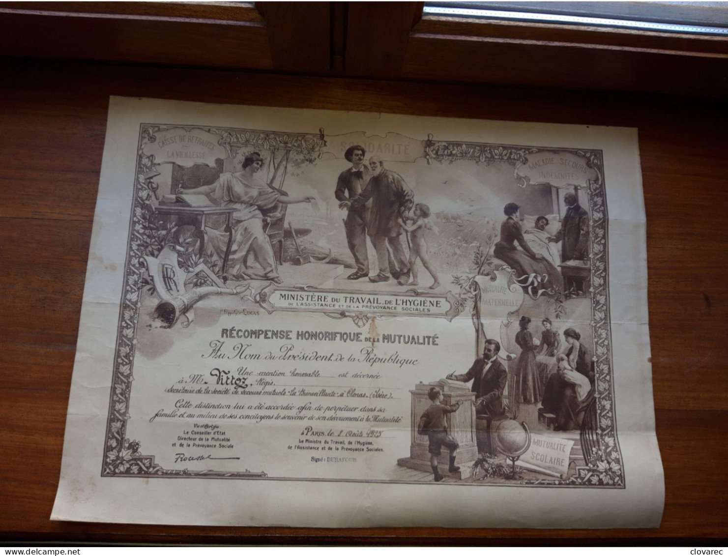 Récompense Honorifique De La Mutualité Par Le MINISTERE Du TRAVAIL,de L'HYGIÈNE Signé F,Hippolyte LUCAS 1925 - Afiches