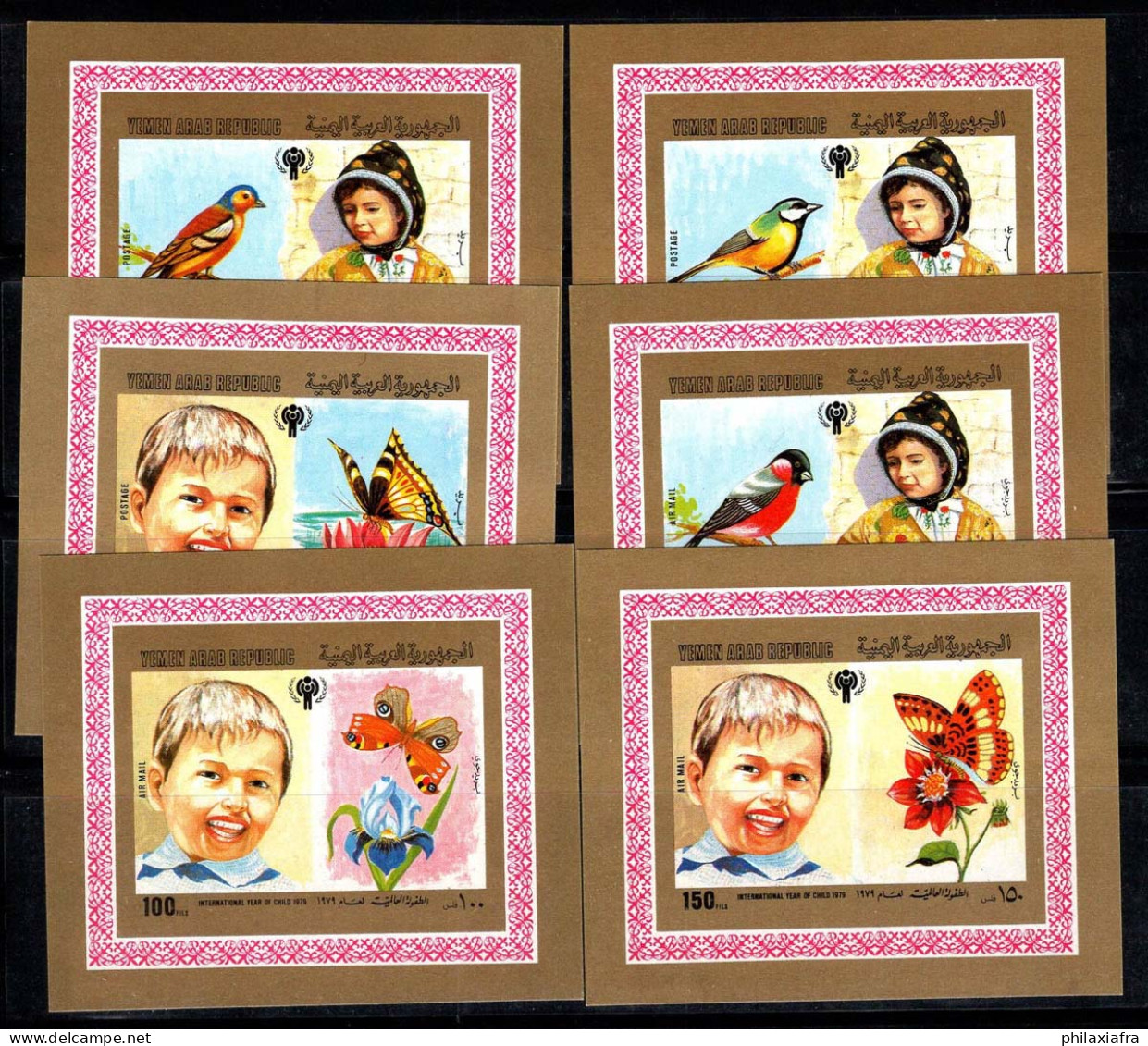 Yémen 1980 Mi. 1602B-1607B Bloc Feuillet 100% Enfants, Oiseaux, Papillons - Yémen