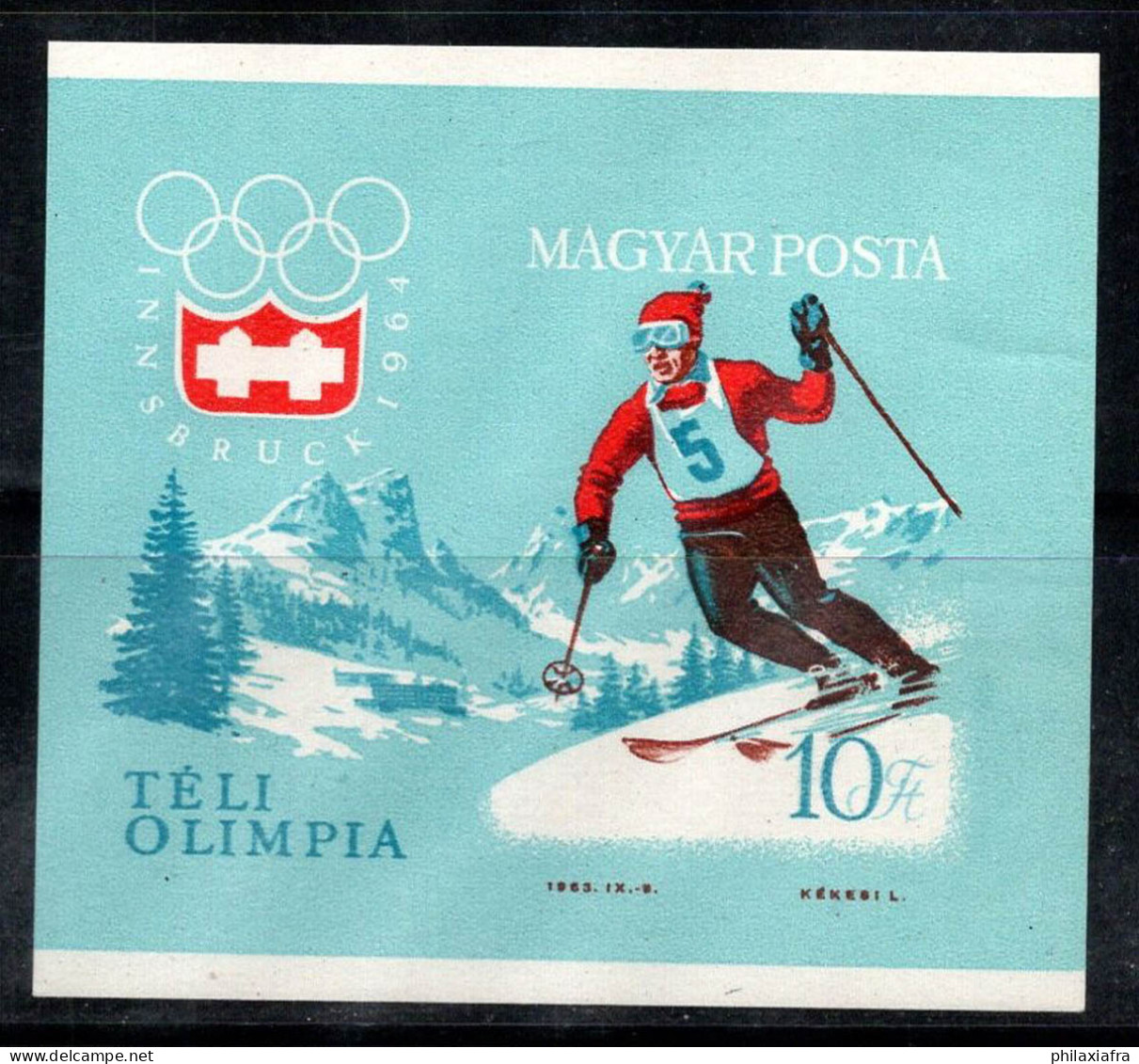 Hongrie 1964 Mi. Bl.40 B Bloc Feuillet 80% Neuf ** 10 Ft, Jeux Olympiques,Innsbruck - Blocks & Sheetlets