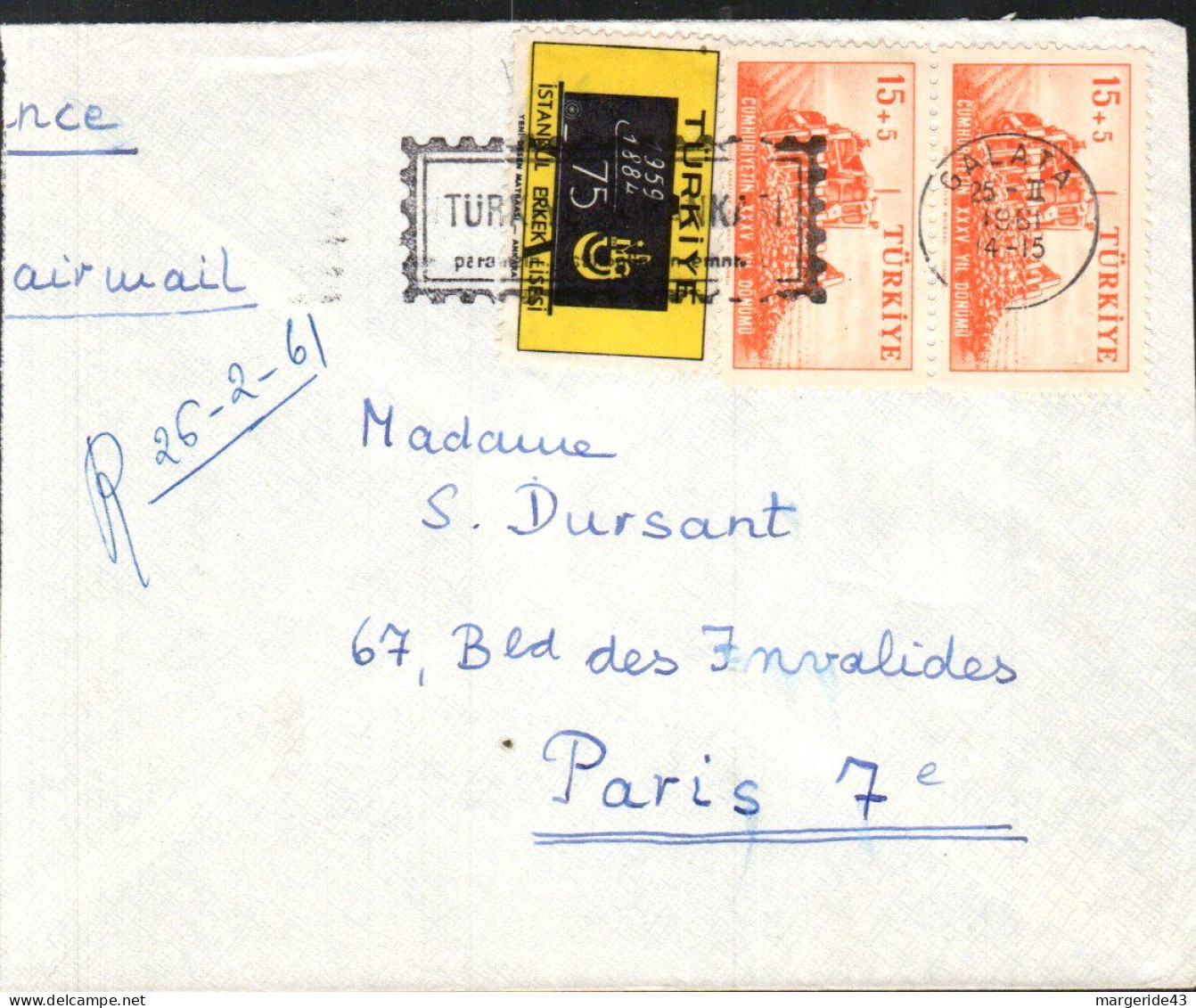 TURQUIE AFFRANCHISSEMENT COMPOSE SUR LETTRE POUR LA FRANCE 1961 - Covers & Documents