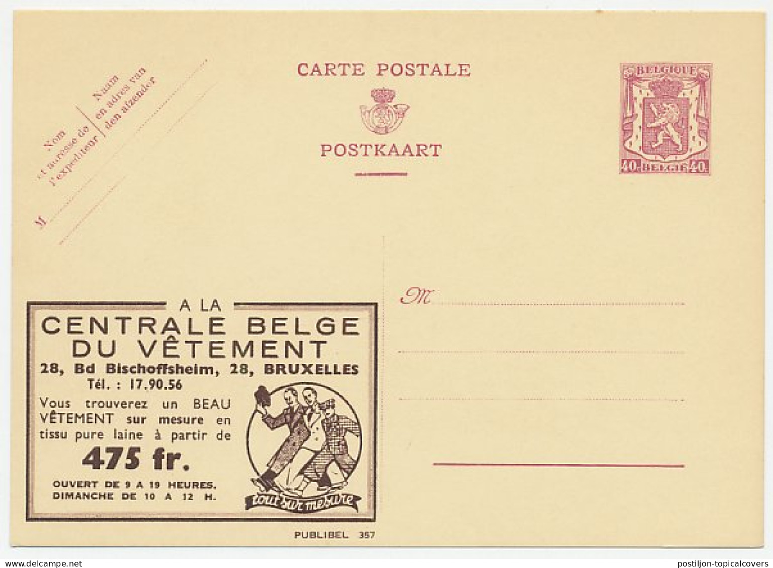Publibel - Postal Stationery Belgium 1938 Clothes - Hat - Kostums