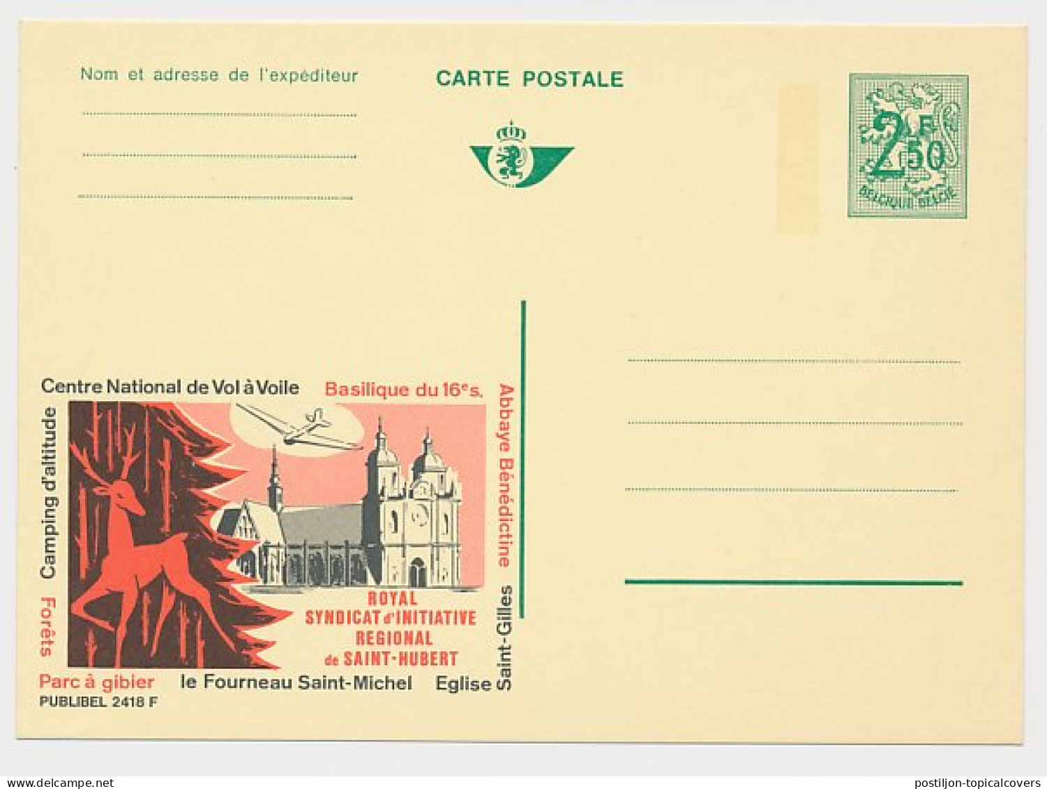 Publibel - Postal Stationery Belgium 1970 Basilica - Deer - Wildlife - Sky Glide  - Eglises Et Cathédrales