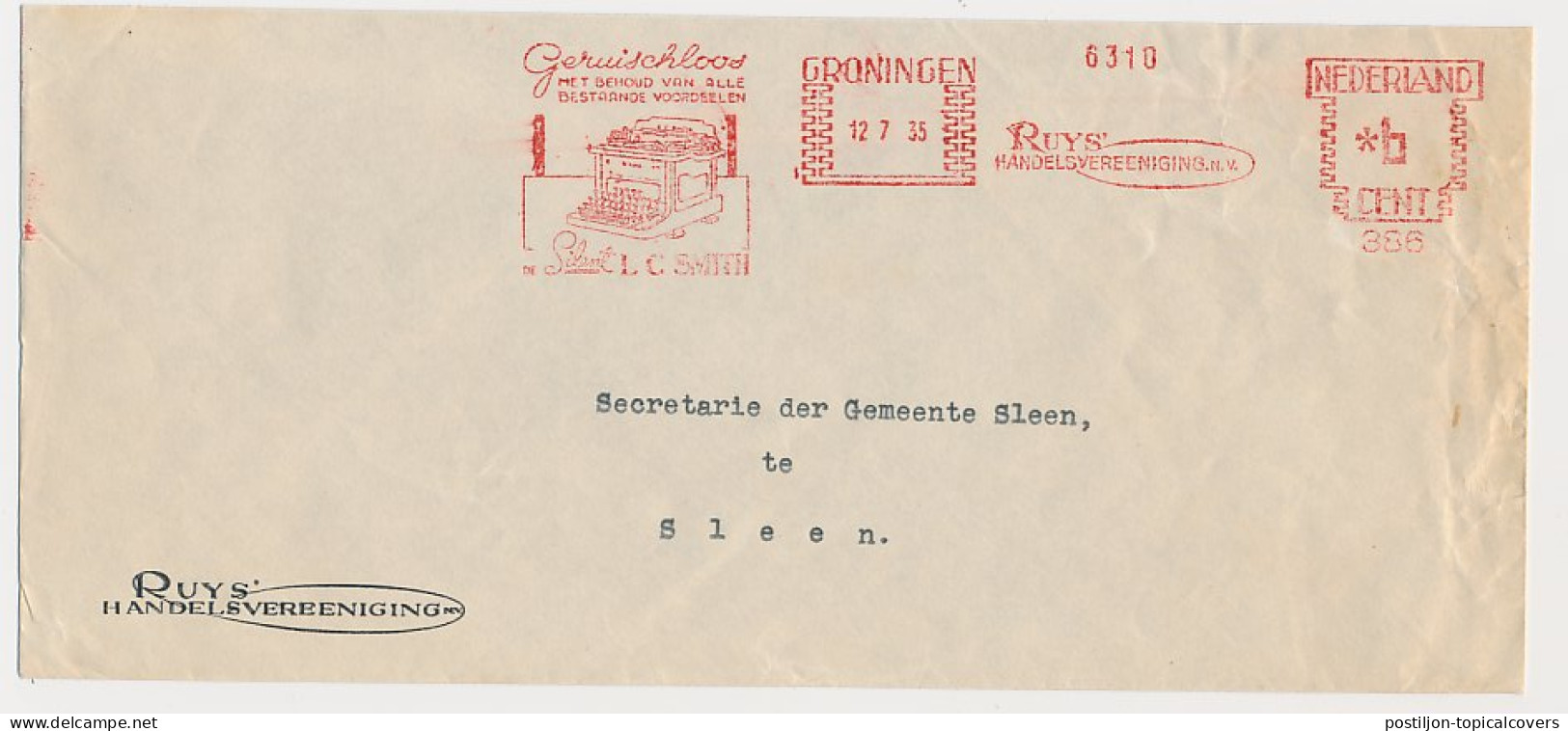 Meter Cover Netherlands 1935 Typewriter - The Silent - L C Smith - Groningen - Non Classés