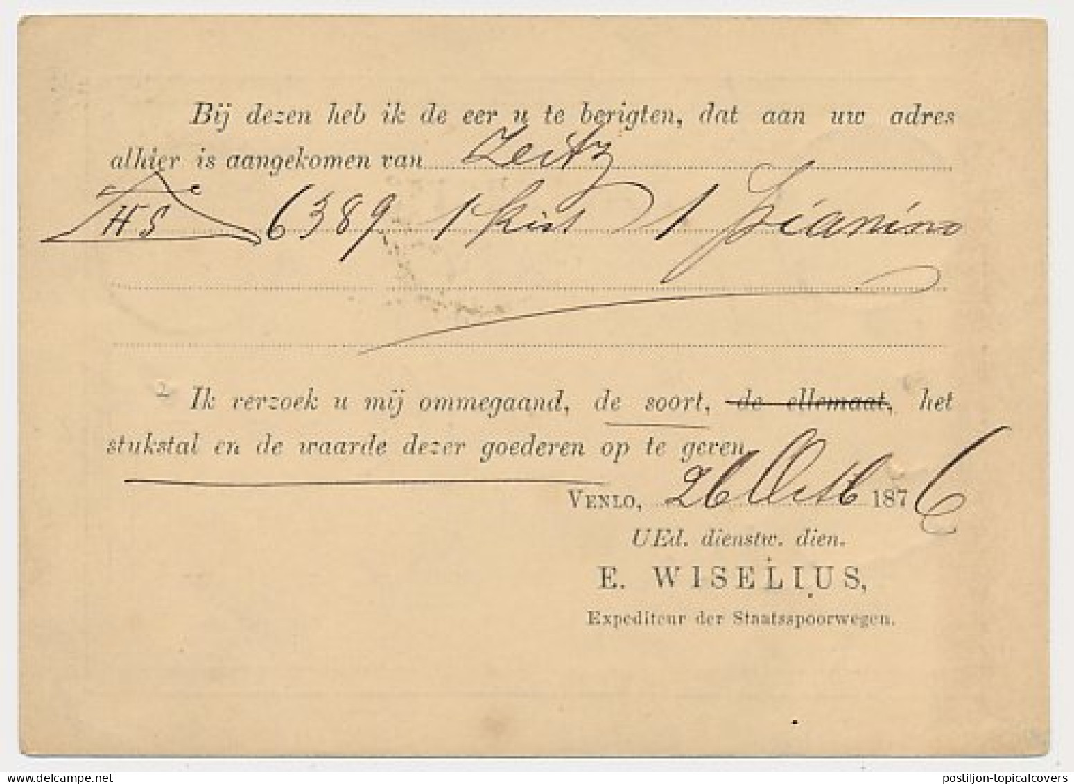 Spoorwegbriefkaart G. MESS7 A - Venlo - Breda 1876 - Ganzsachen