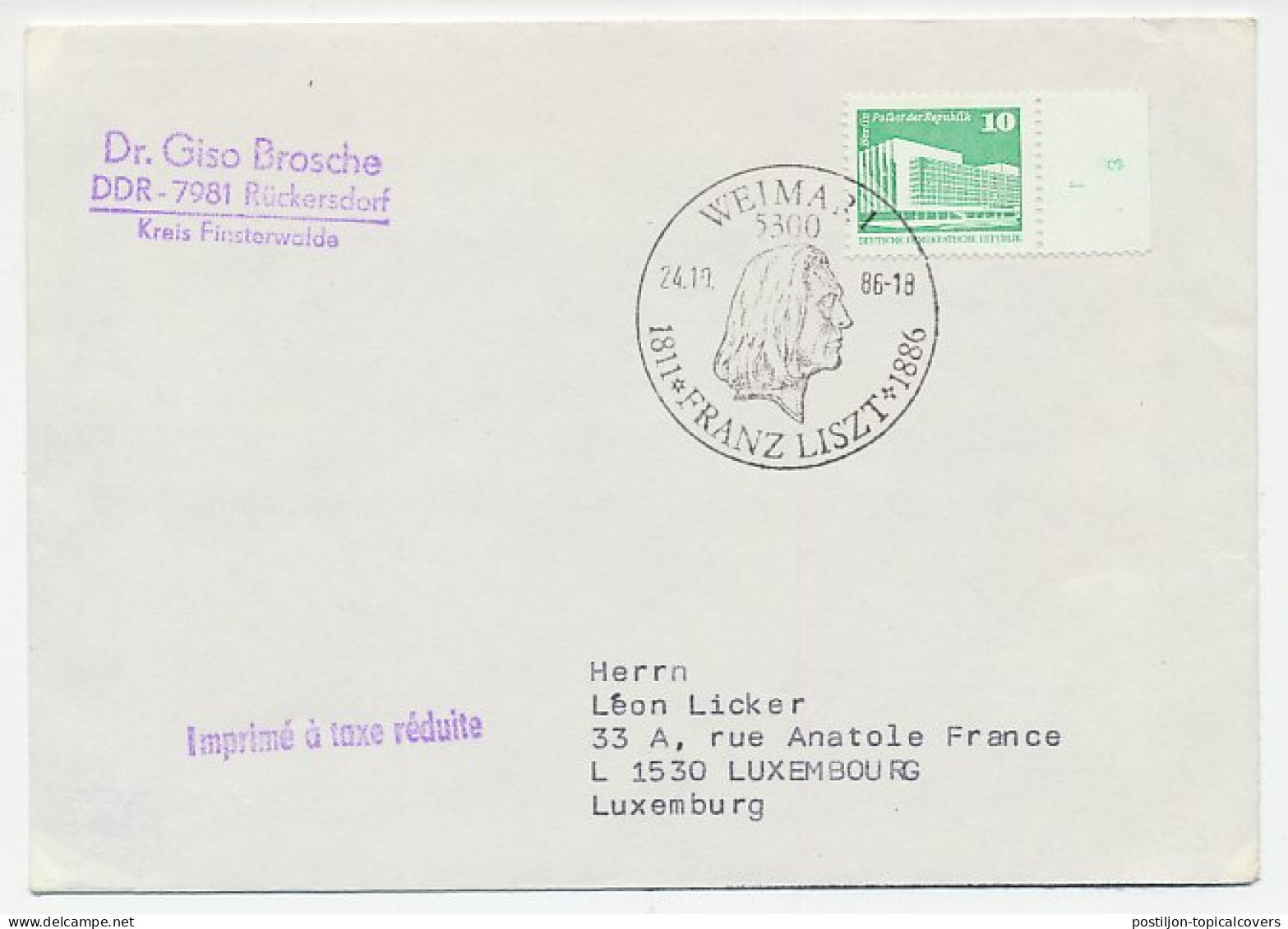 Cover / Postmark Germany / DDR 1986 Franz Liszt - Composer - Muziek