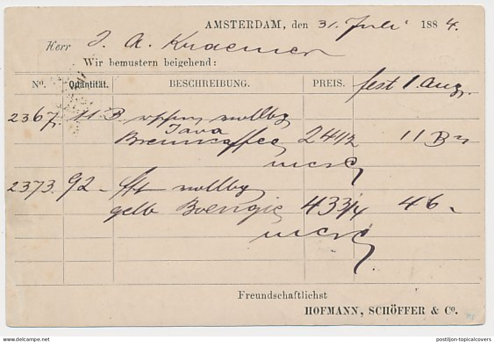 Briefkaart G. 25 Particulier Bedrukt Amsterdam - Duitsland 1884 - Ganzsachen