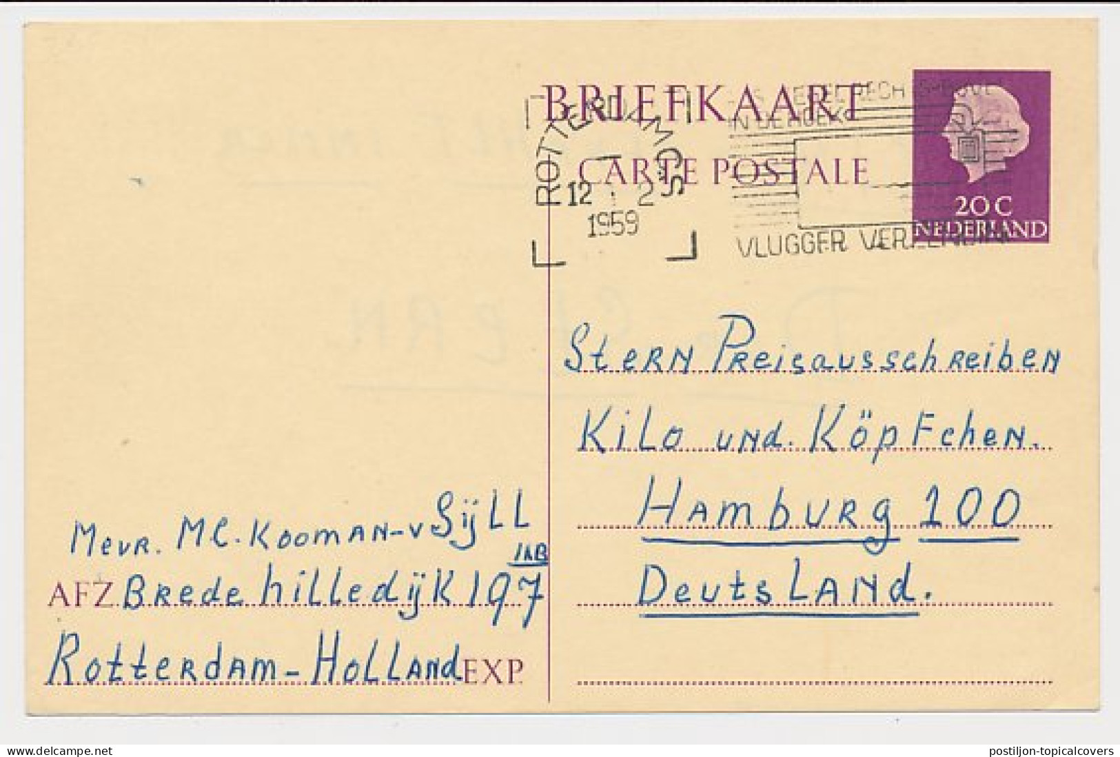 Briefkaart G. 321 Rotterdam - Hamburg Duitsland 1959 - Ganzsachen