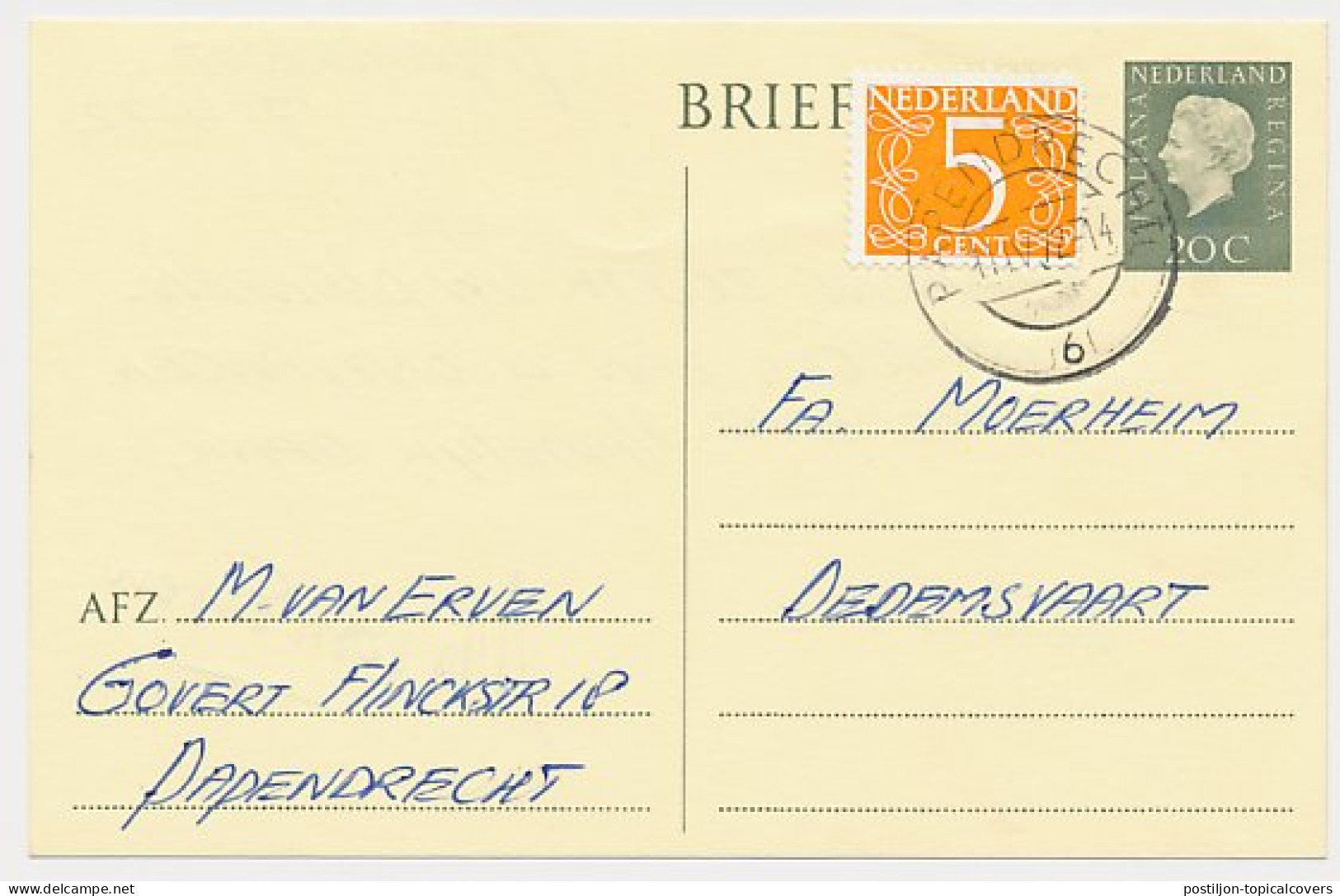 Briefkaart G. 342 / Bijfrankering Papendrecht - Dedemsvaart 1972 - Ganzsachen