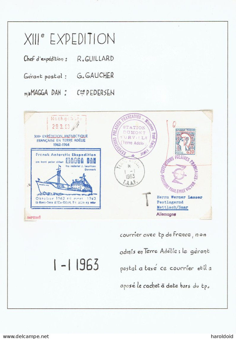 13e Expé Terre Adélie - Lettre Pour La Sarre Taxée TP Français Refusé Aux TAAF - 1/1/1963 - Storia Postale