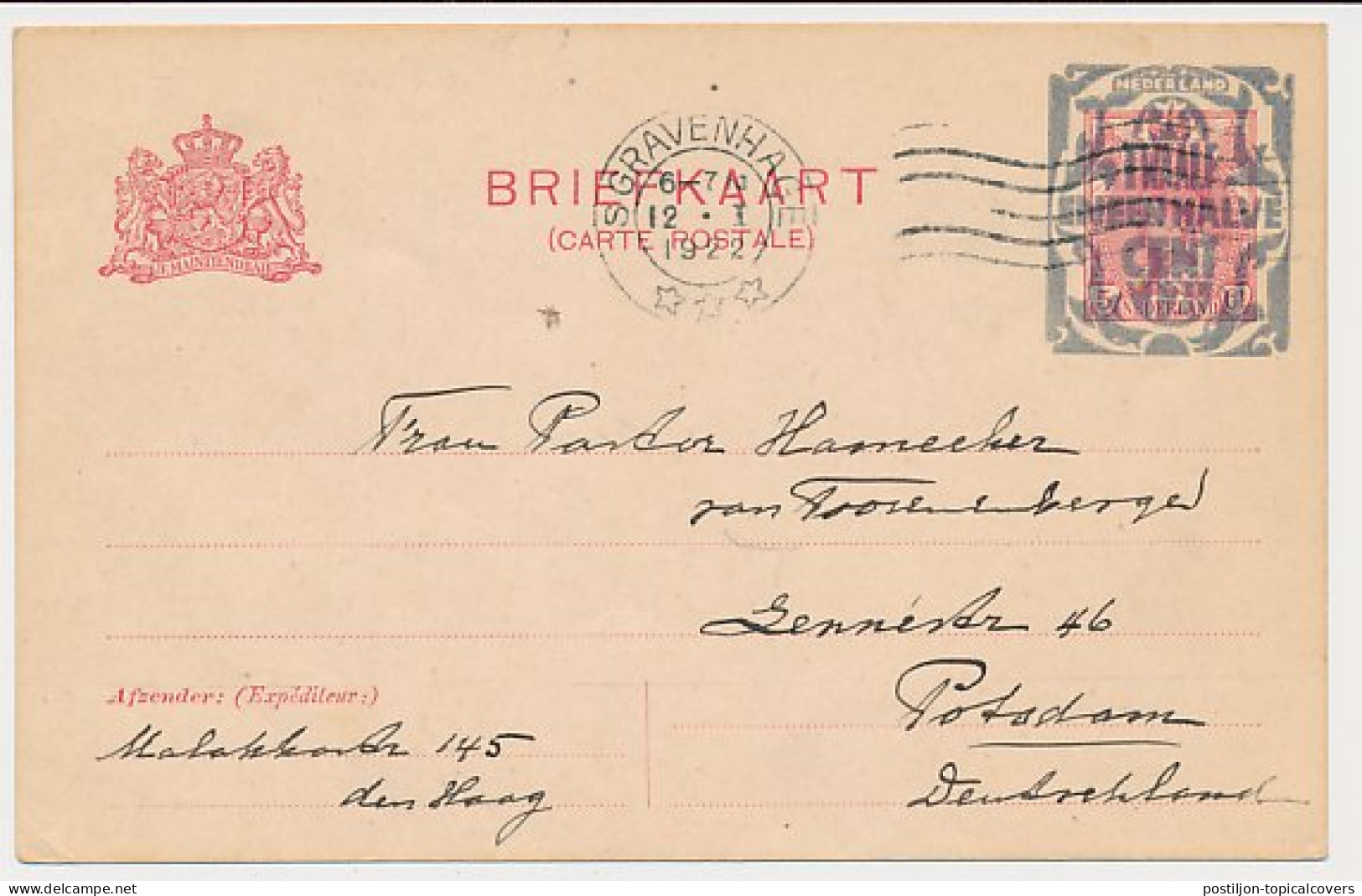 Briefkaart G. 156 A II S Gravenhage - Potsdam Duitland 1922 - Ganzsachen