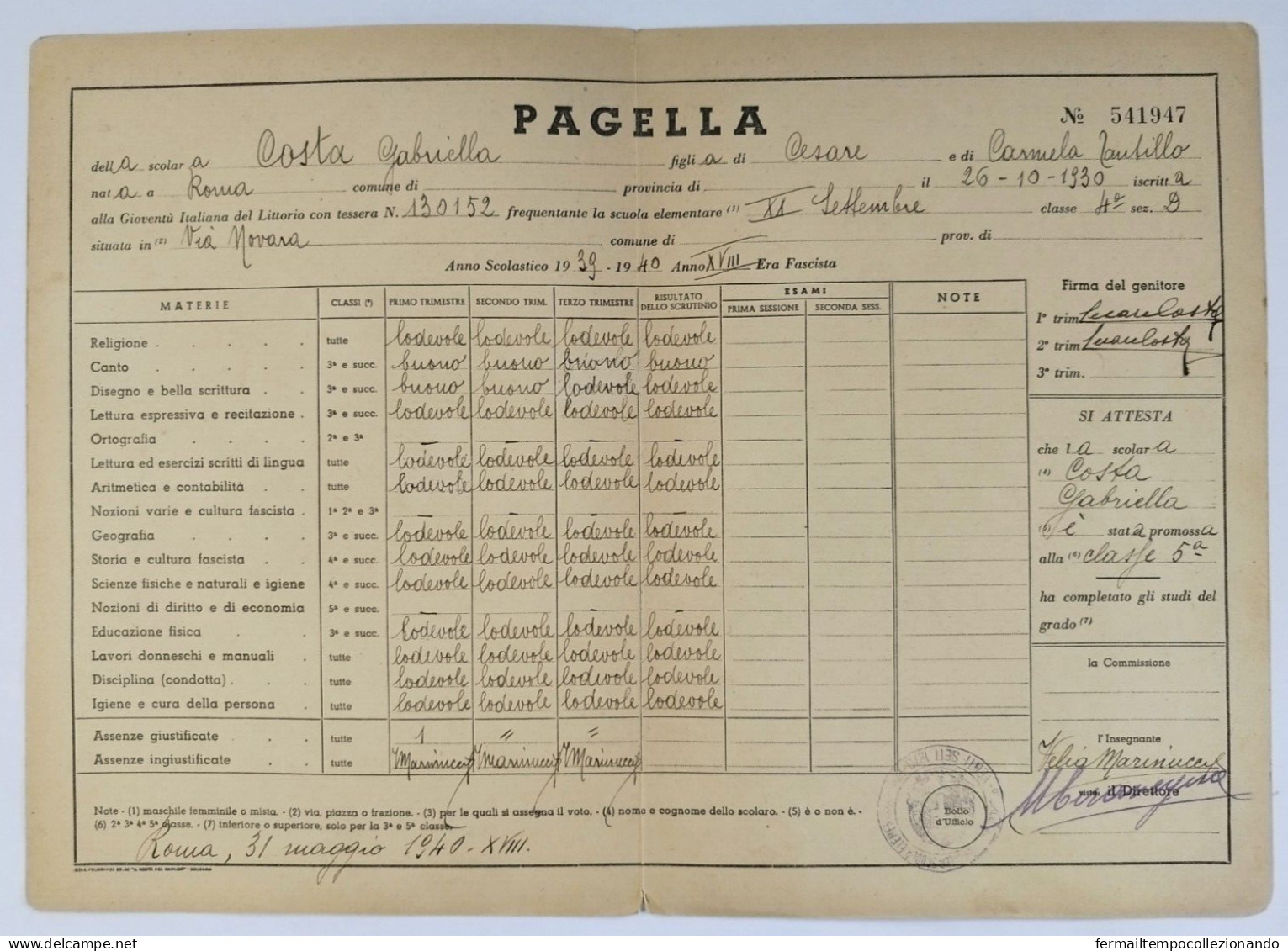 Bp25 Pagella Fascista Opera Balilla Ministero Educazione Nazionale Roma 1940 - Diplomi E Pagelle