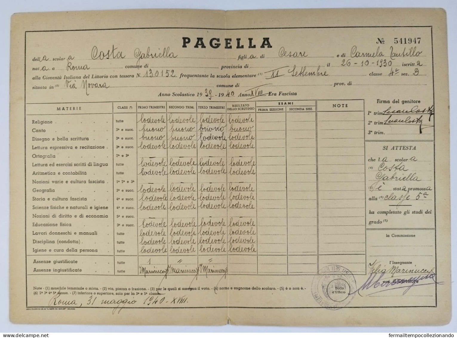 Bp25 Pagella Fascista Opera Balilla Ministero Educazione Nazionale Roma 1940 - Diploma's En Schoolrapporten