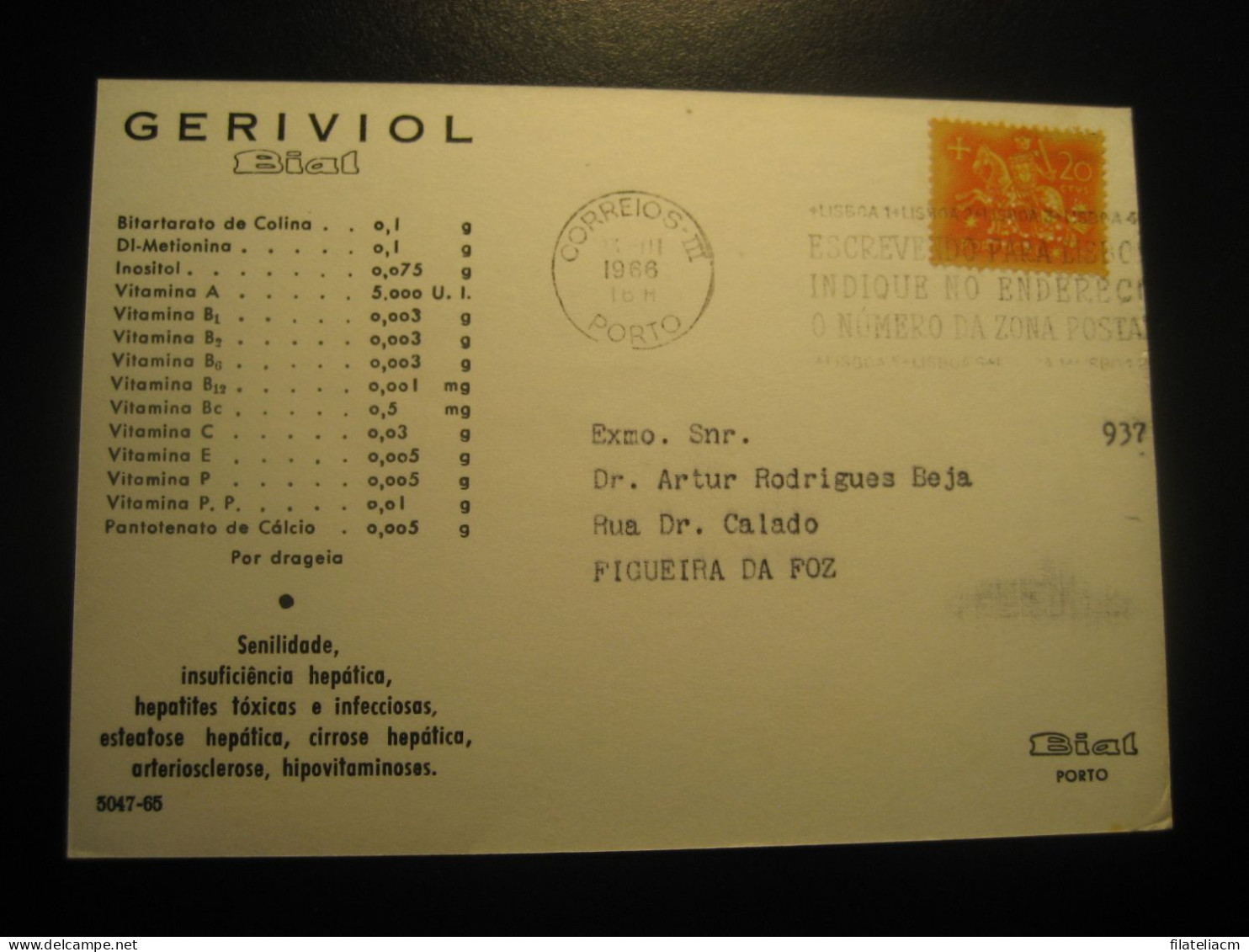 PORTO 1966 To Figueira Da Foz Geriviol Bial Pharmacy Cancel Card PORTUGAL - Cartas & Documentos