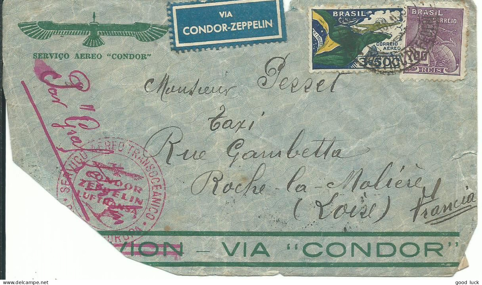 BRESIL LETTRE CONDOR ZEPPELIN 4$200  POUR ROCHE LA MOLIERE ( LOIRE )  DE 1934 DESTINATION RARISSIME  LETTRE COVER - Lettres & Documents