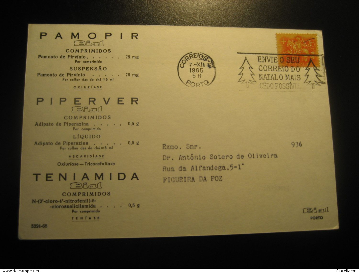 PORTO 1965 To Figueira Da Foz Pamopir Piperver Teniamida Pharmacy Cancel Card PORTUGAL - Lettres & Documents