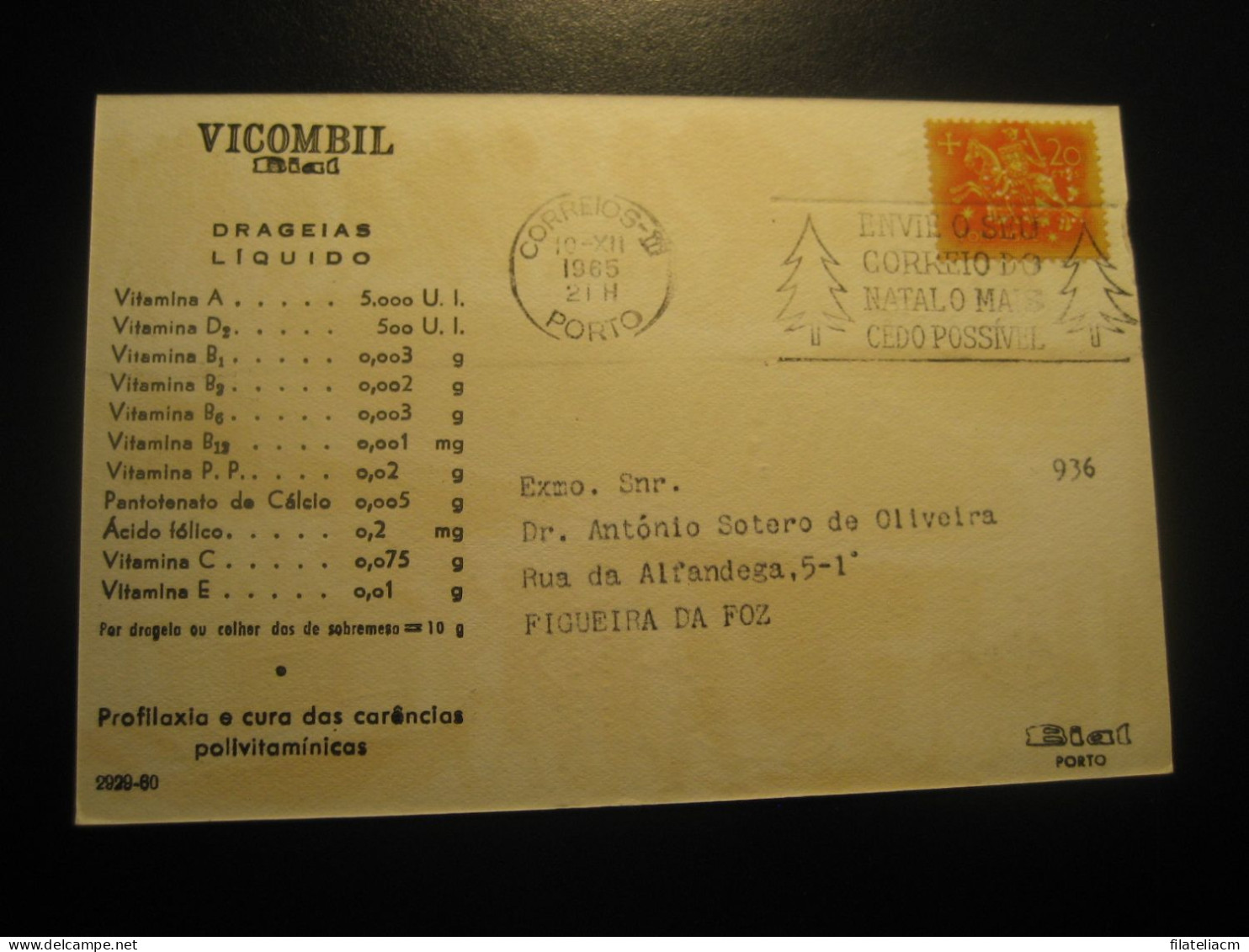 PORTO 1965 To Figueira Da Foz Vicombil Bial Pharmacy Cancel Card PORTUGAL - Cartas & Documentos