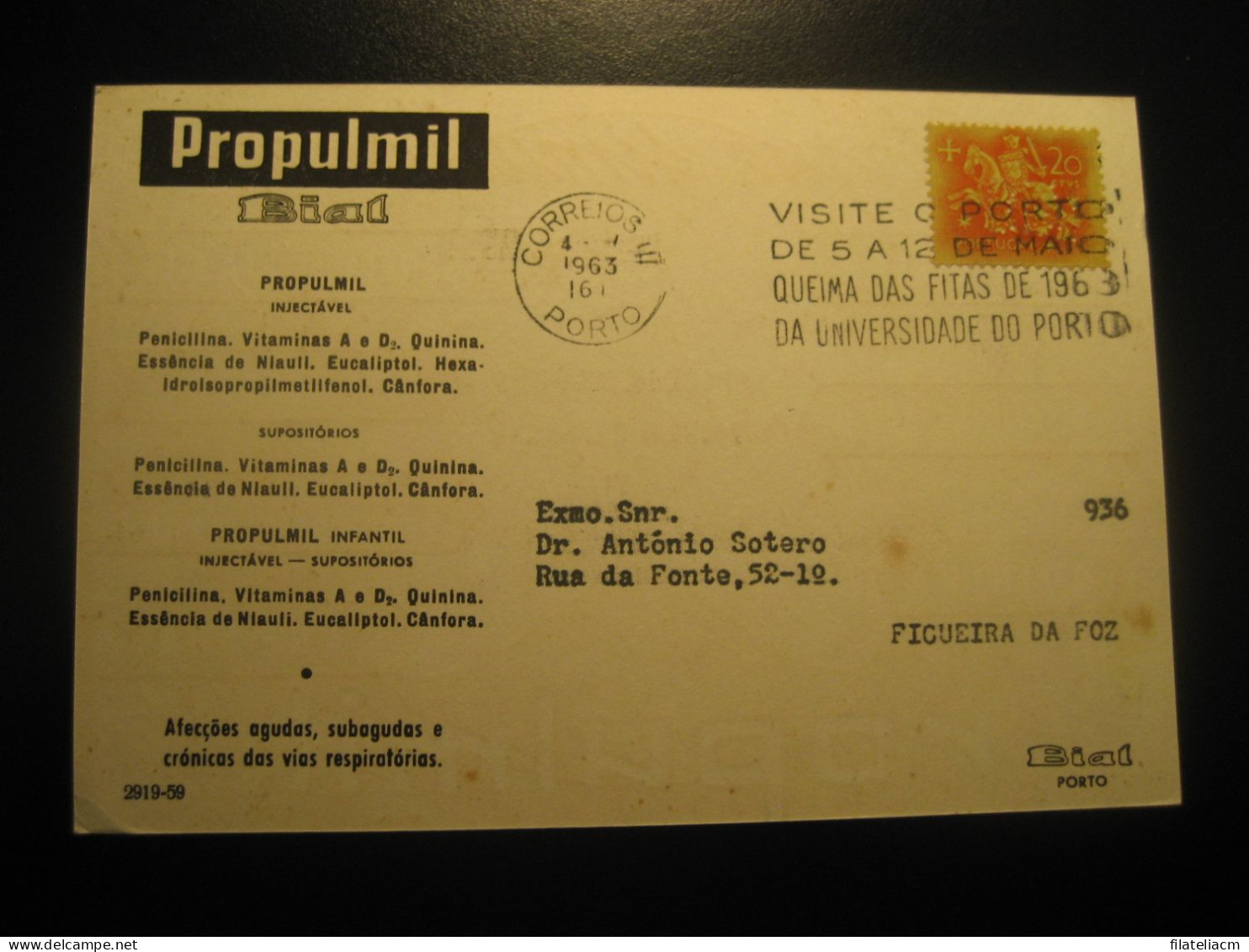 PORTO 1963 To Figueira Da Foz Propulmil Bial Penicilina Quinina ... Pharmacy Cancel Card PORTUGAL - Covers & Documents